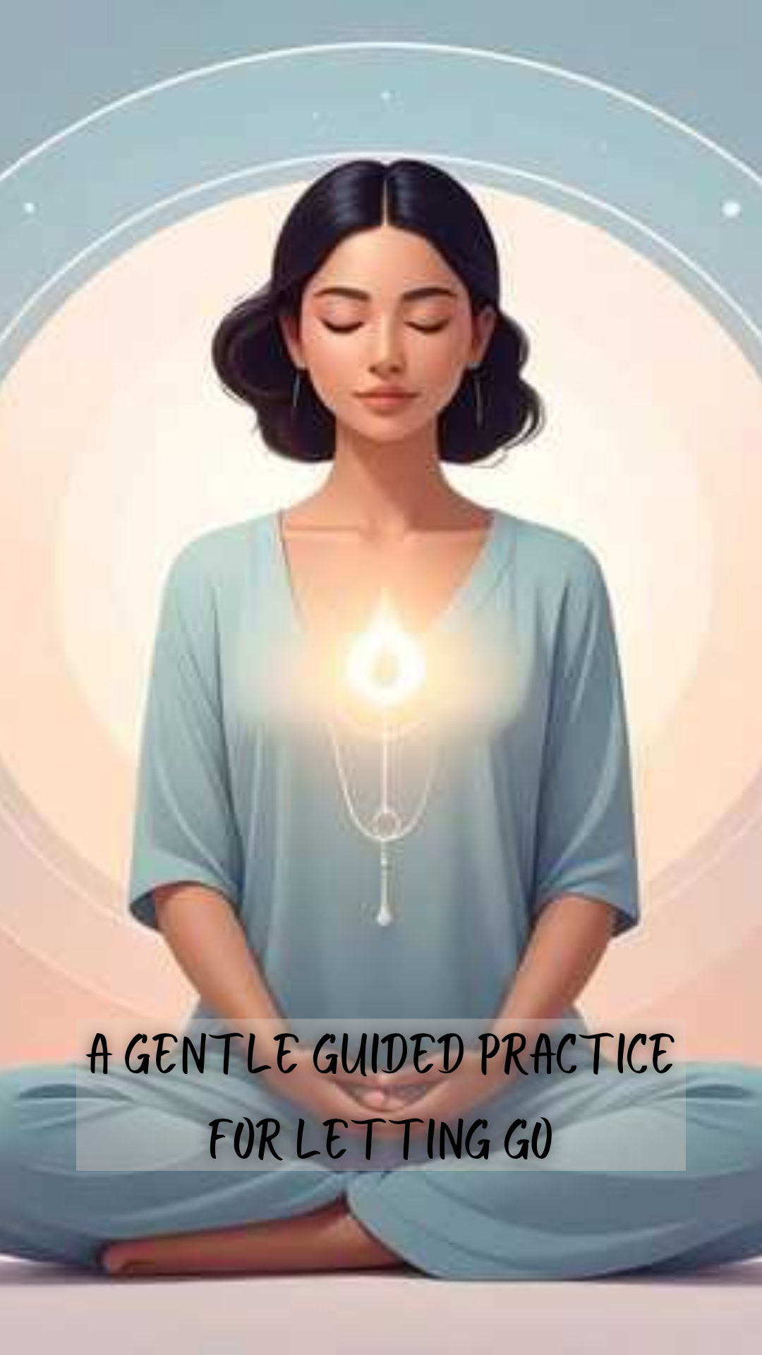 Illustration of a calm woman meditating with a soft glow at the heart, representing a gentle guided practice for letting go and reflection.