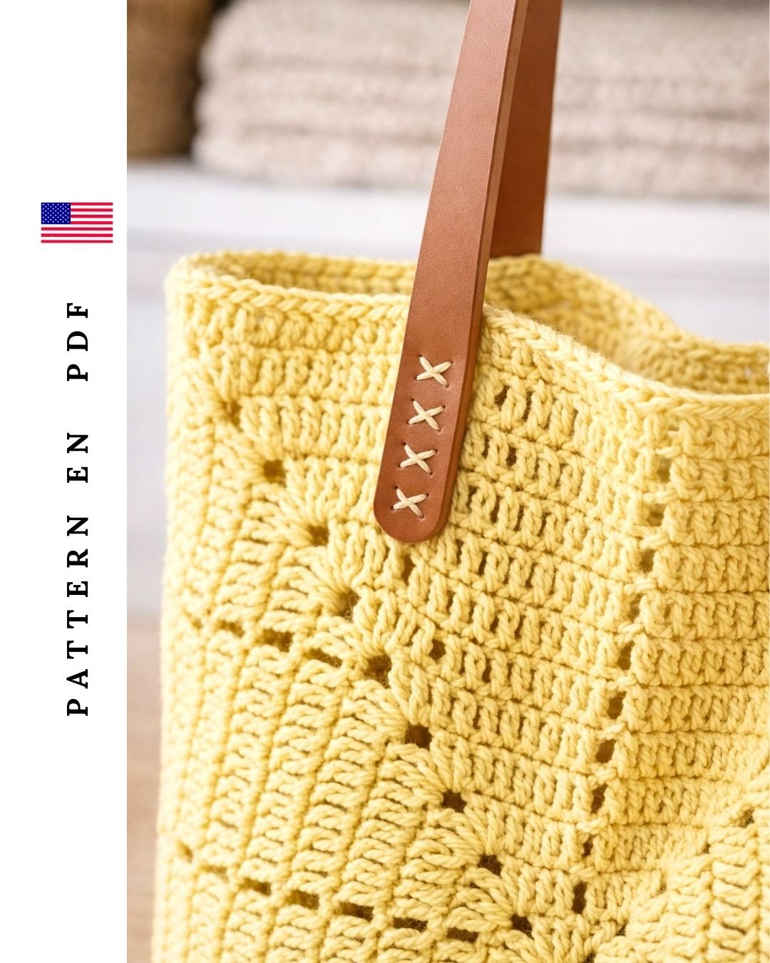 Granny square crochet pattern detail on handmade yellow crochet tote bag