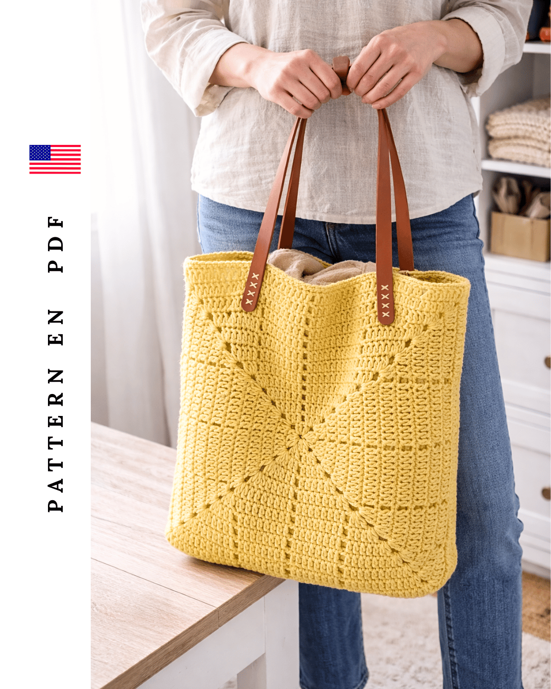 Infinite Granny Bag crochet tote bag made with granny square design, yellow handmade crochet bag with leather straps