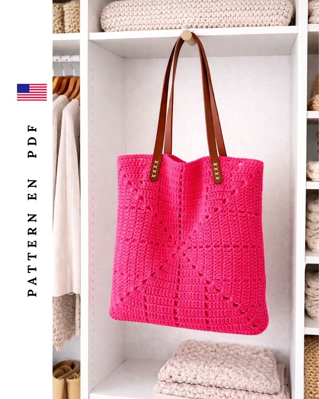 Handmade granny square crochet market bag worn as an everyday shoulder tote