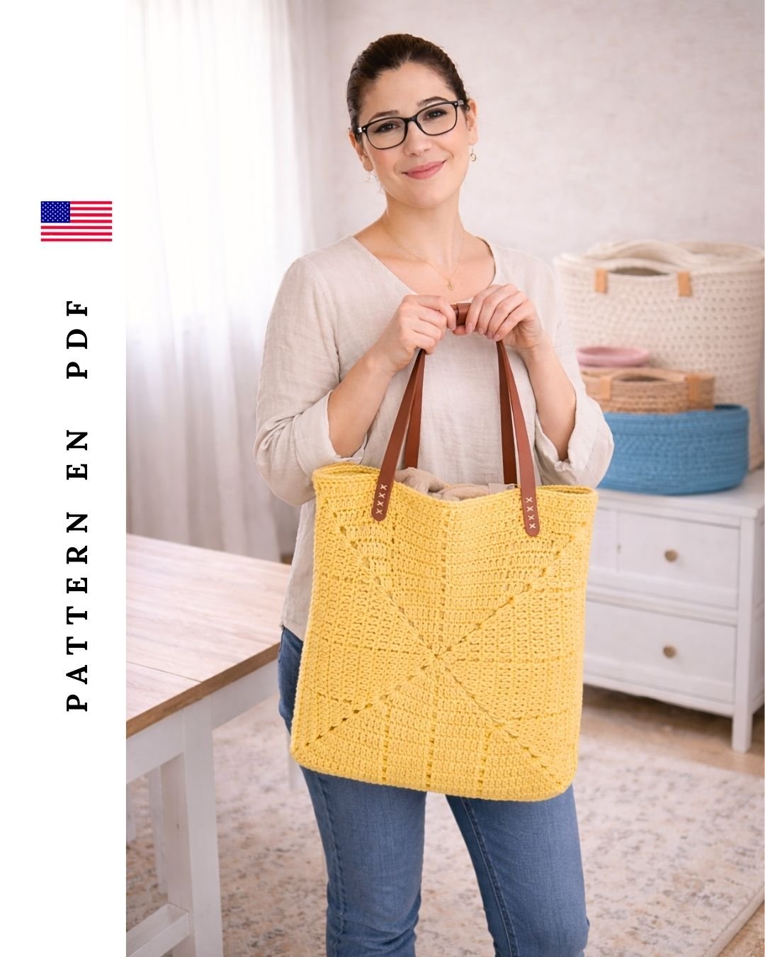 Crochet tote bag with leather straps, handmade granny square crochet bag detail