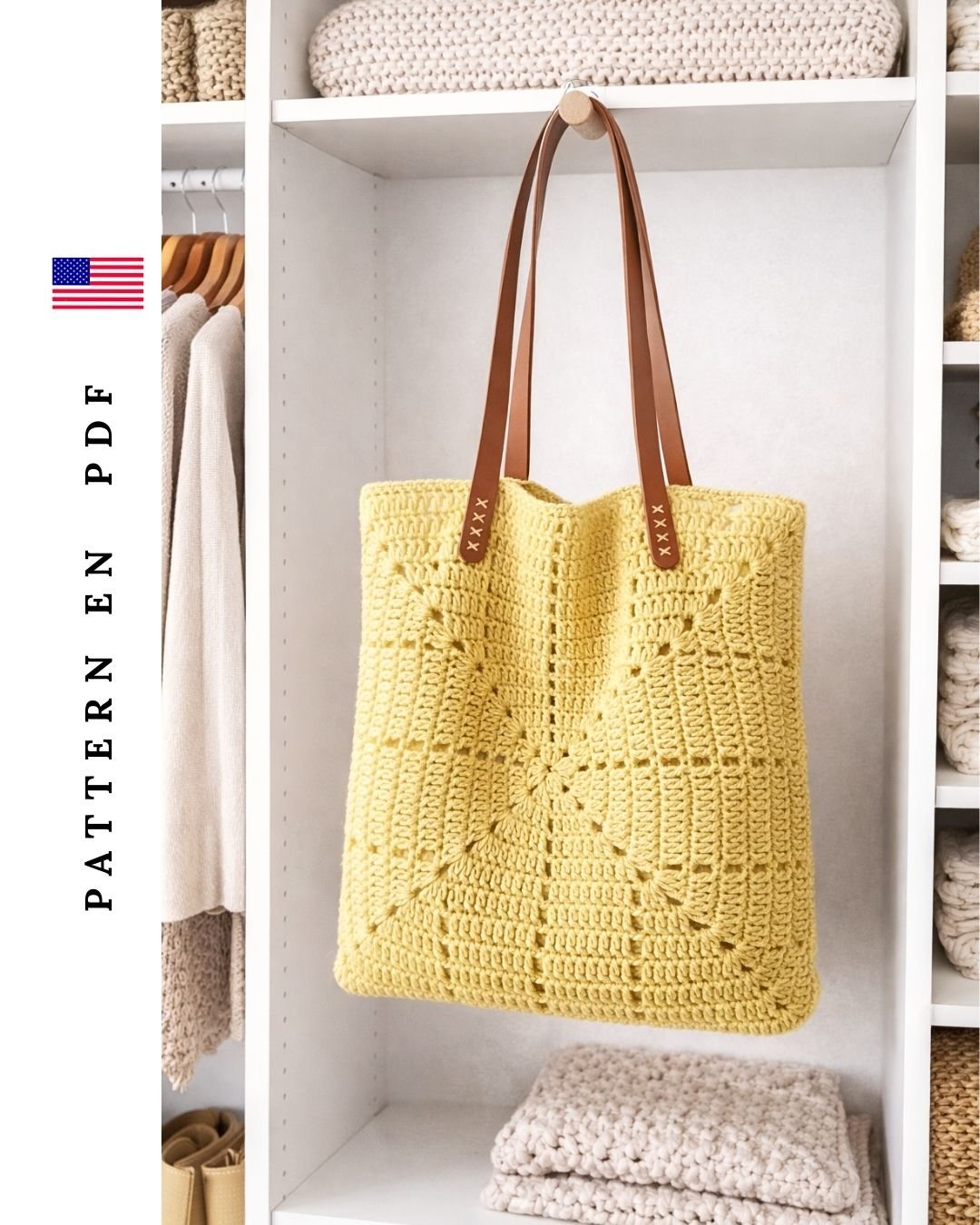 Modern granny square crochet tote bag with structured shape, handmade crochet bag design