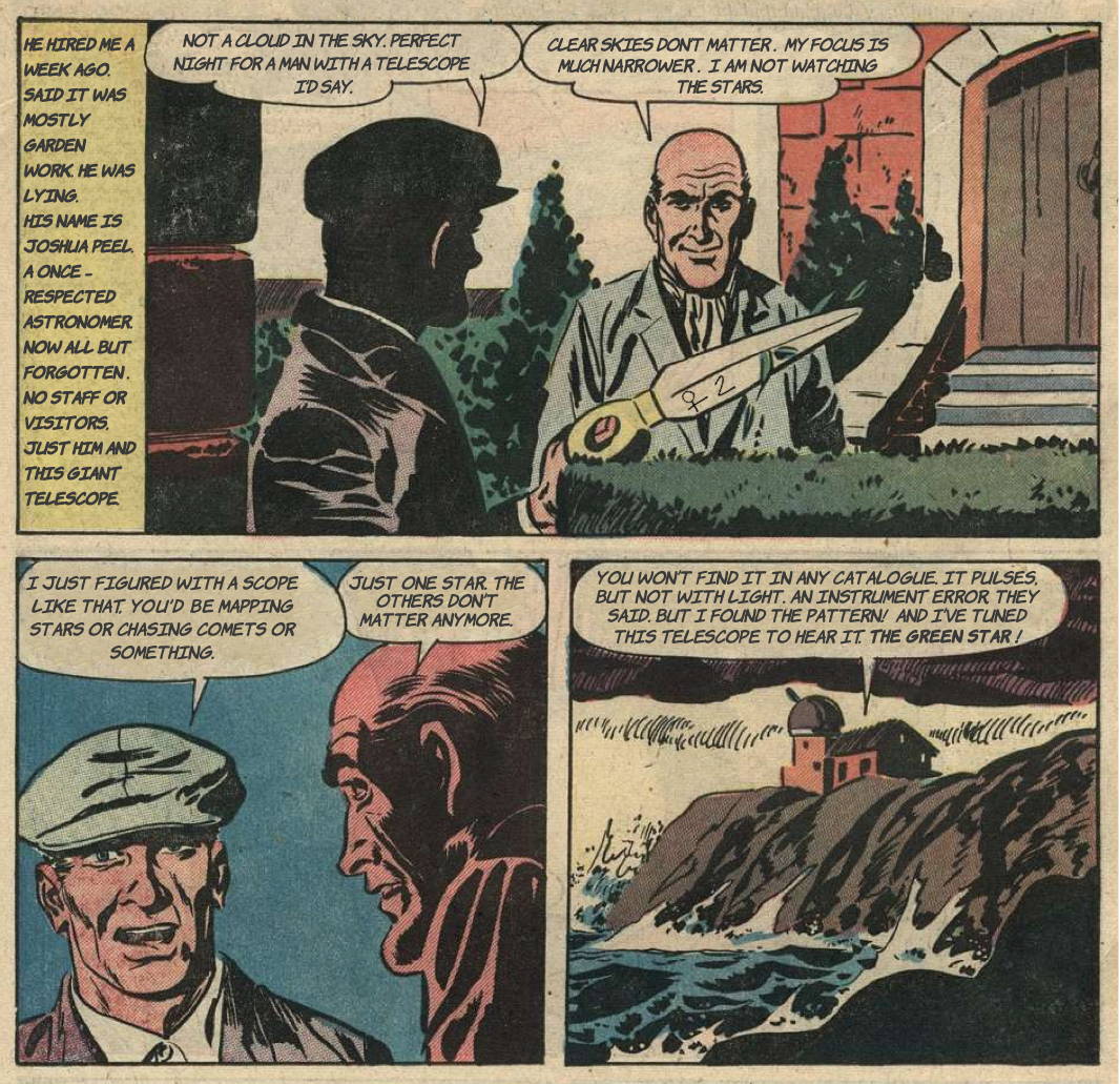 The opening comic strip of The Green Star game, showing the player meeting Dr. Peel outside the observatory. Vintage 1950s comic book style art.