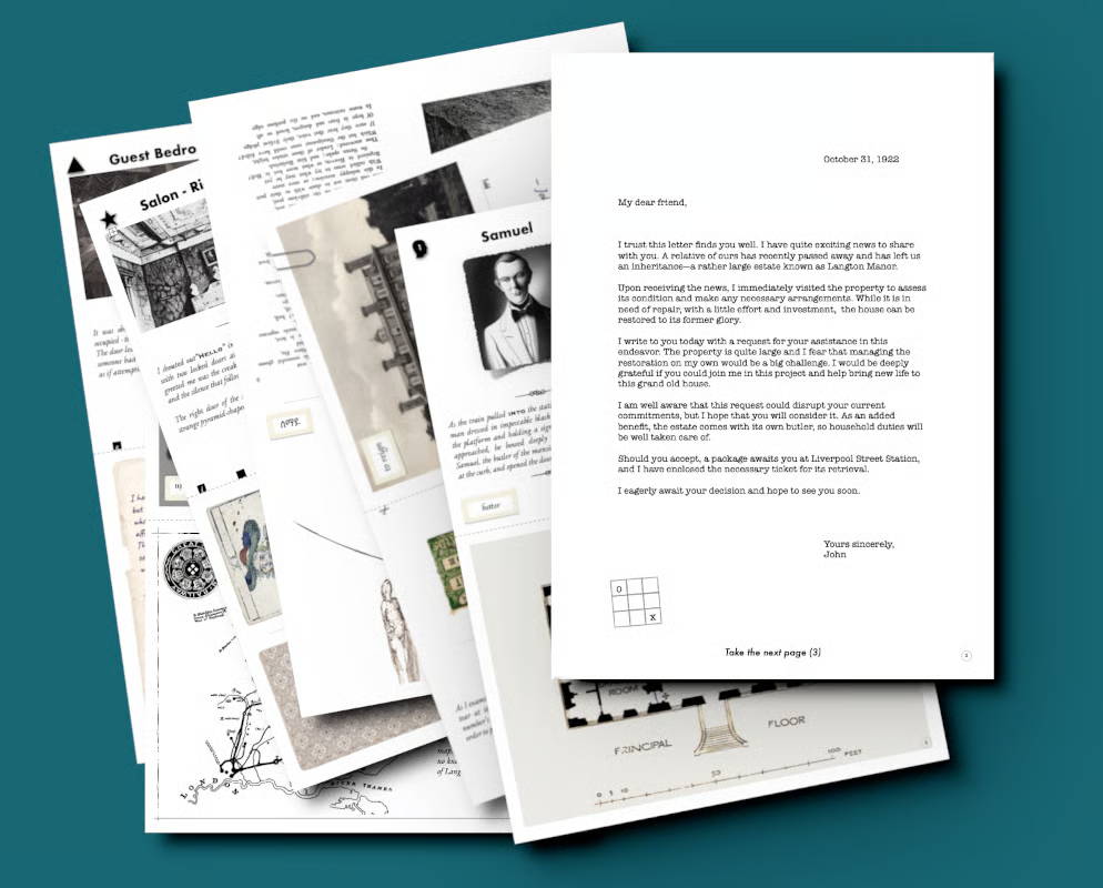 Preview of the 13-page PDF file included in the free download. Shows the vintage-style letters, mansion floor plan, and puzzle documents required to solve the Secret of Langton Manor.
