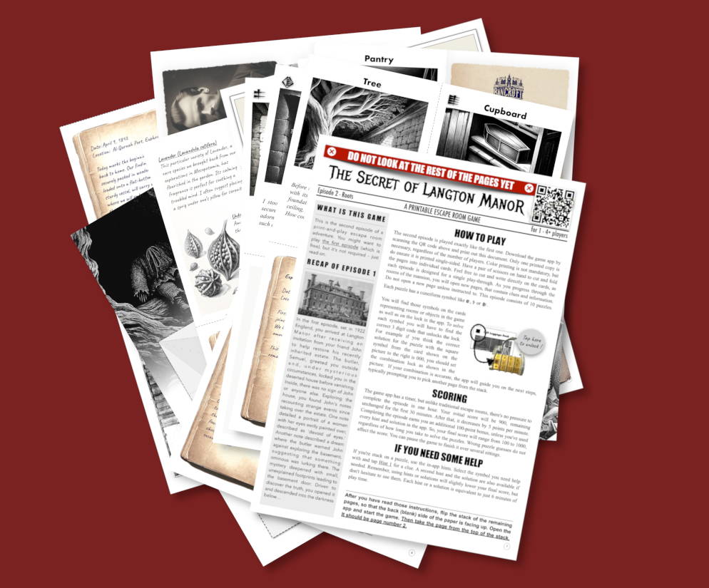 Preview spread of the printable PDF pages for 'Episode 2: Roots'. Shows the instruction sheet, botanical puzzle documents, and narrative clues included in the digital download.