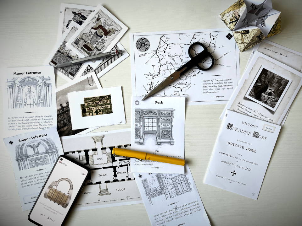 Tabletop view of the Hand-Drawn Edition game materials, featuring custom pencil-sketch clues, puzzles, and the companion app.