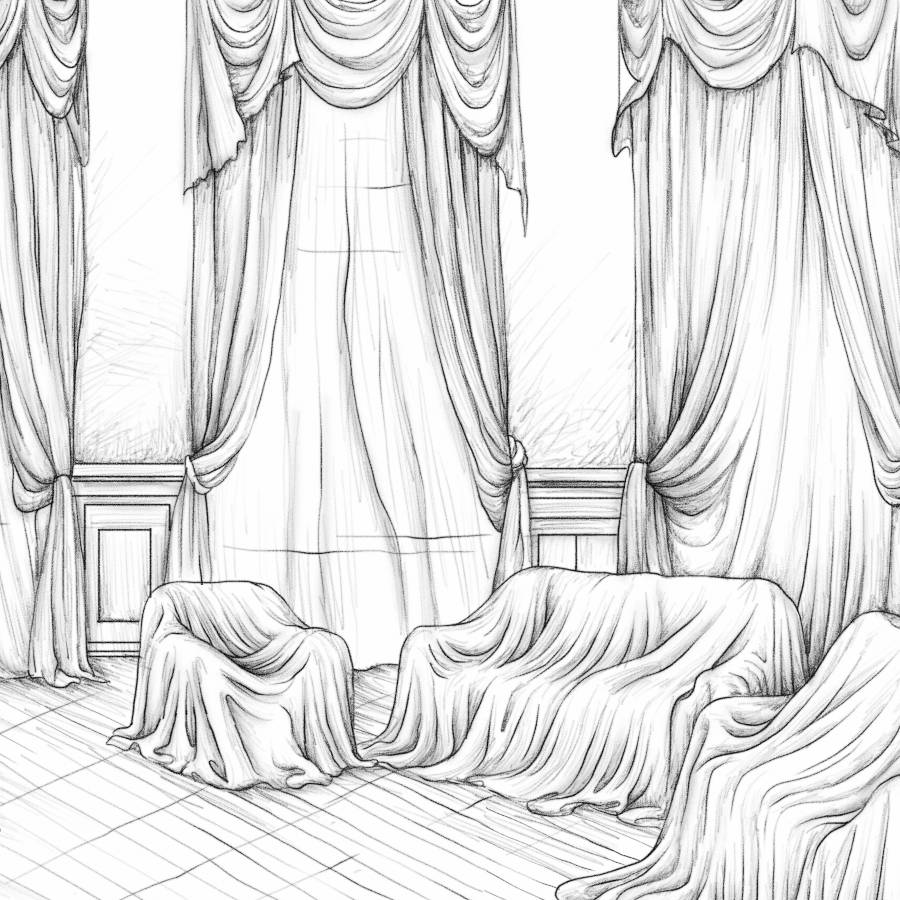 Detailed pencil sketch of a Victorian drawing room interior, used as a visual puzzle in the printable mystery game.