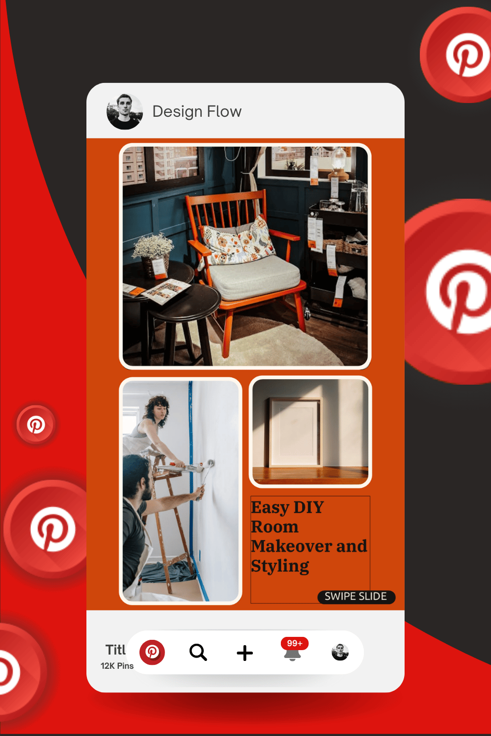 Interior design social media templates for Instagram and Pinterest, editable PPTX and Canva-ready.