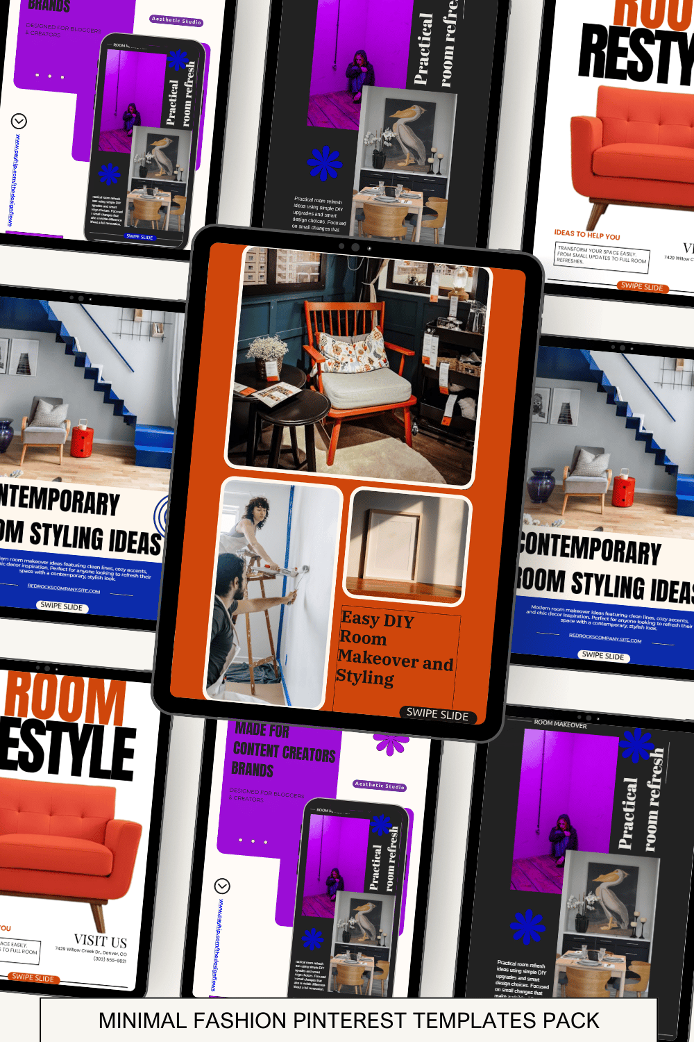 Interior design social media templates for Instagram and Pinterest, editable PPTX and Canva-ready.