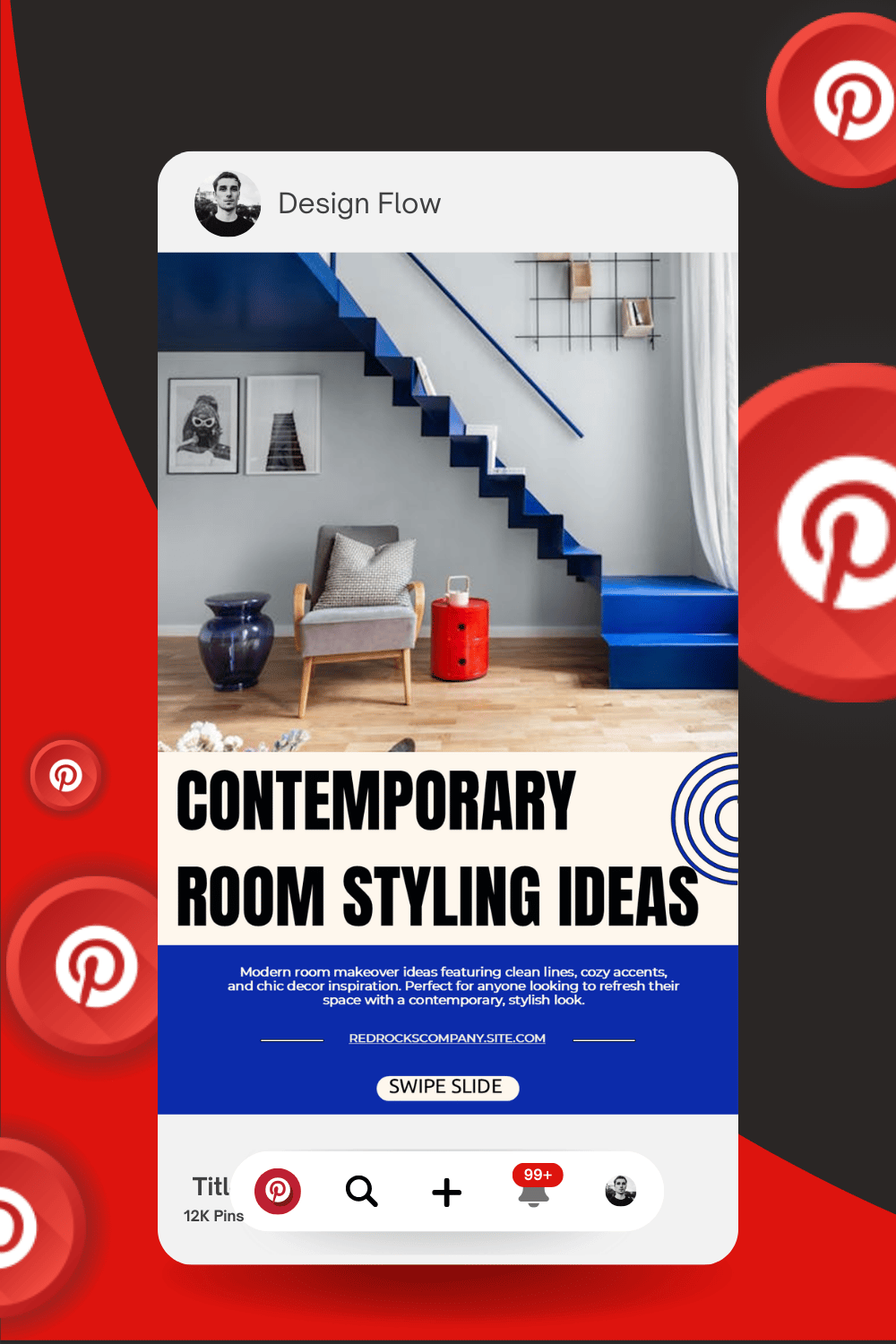 Contemporary interior design social media post template for Instagram and Pinterest, editable PPTX and Canva-ready.