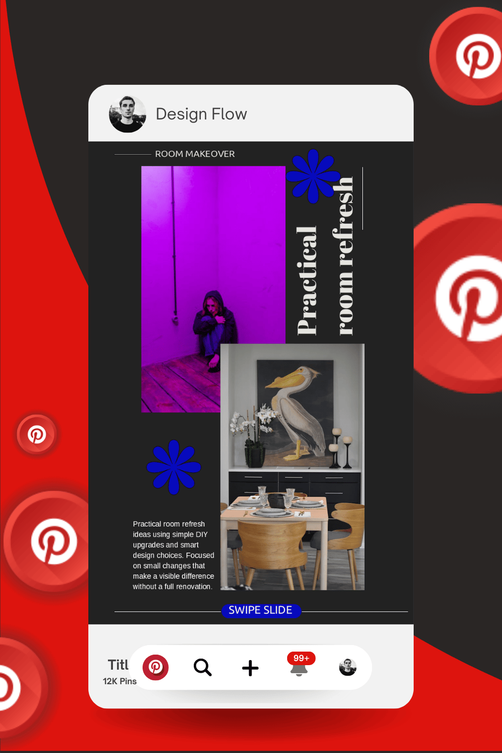 Interior design social media post template for Pinterest and Instagram, editable PPTX and Canva-ready.
