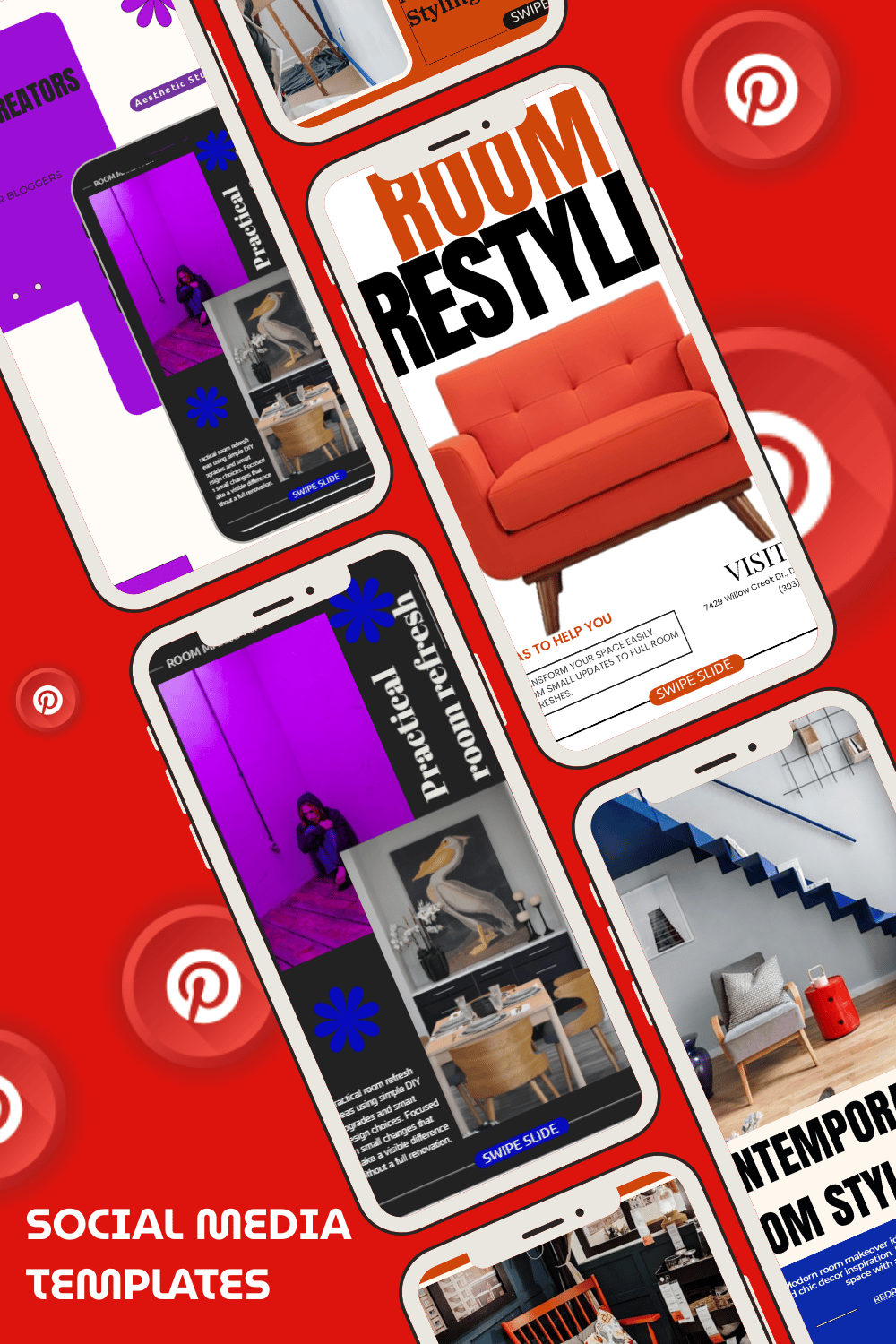 Interior design social media template for Instagram and Pinterest, editable PPTX and Canva-ready.