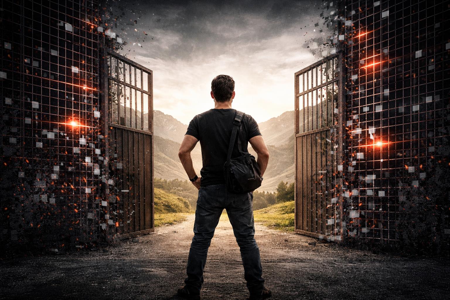 Auswanderer steht vor dem Tor der Freiheit dexit online