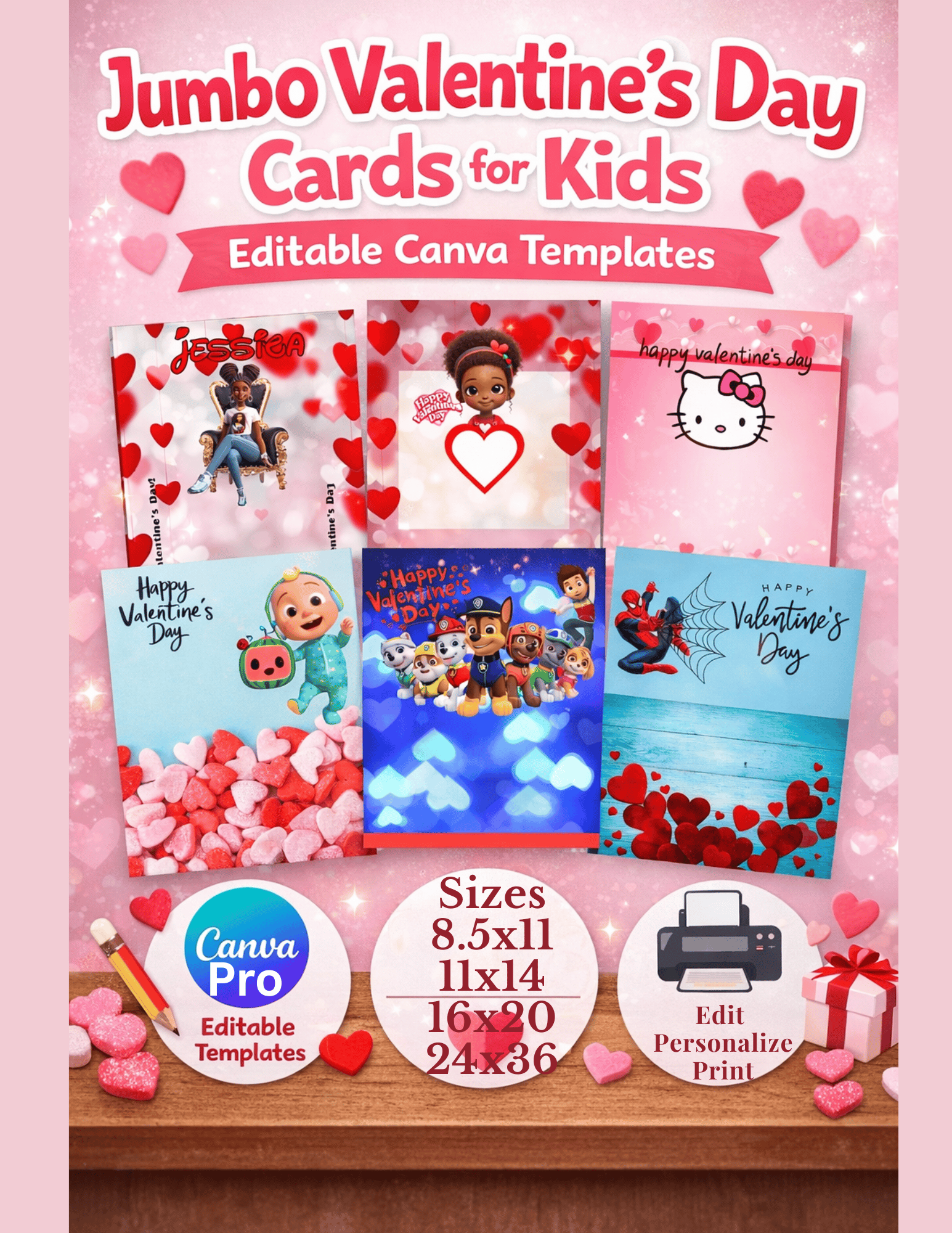 Jumbo Valentine’s Day Cards for Kids Editable Canva Templates - Payhip