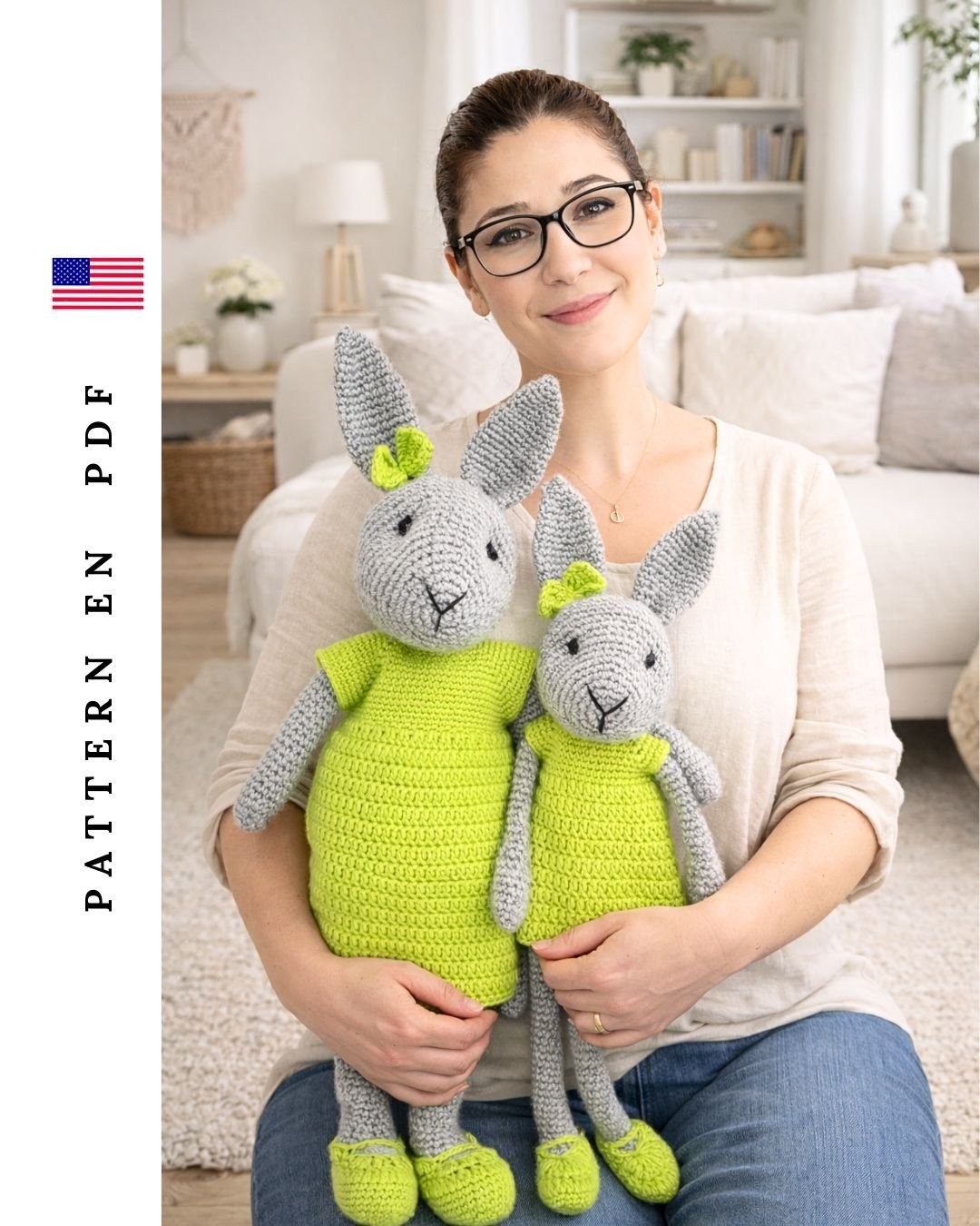 Handmade Sabina Bunny amigurumi crochet toy shown by designer, soft plush bunny pattern