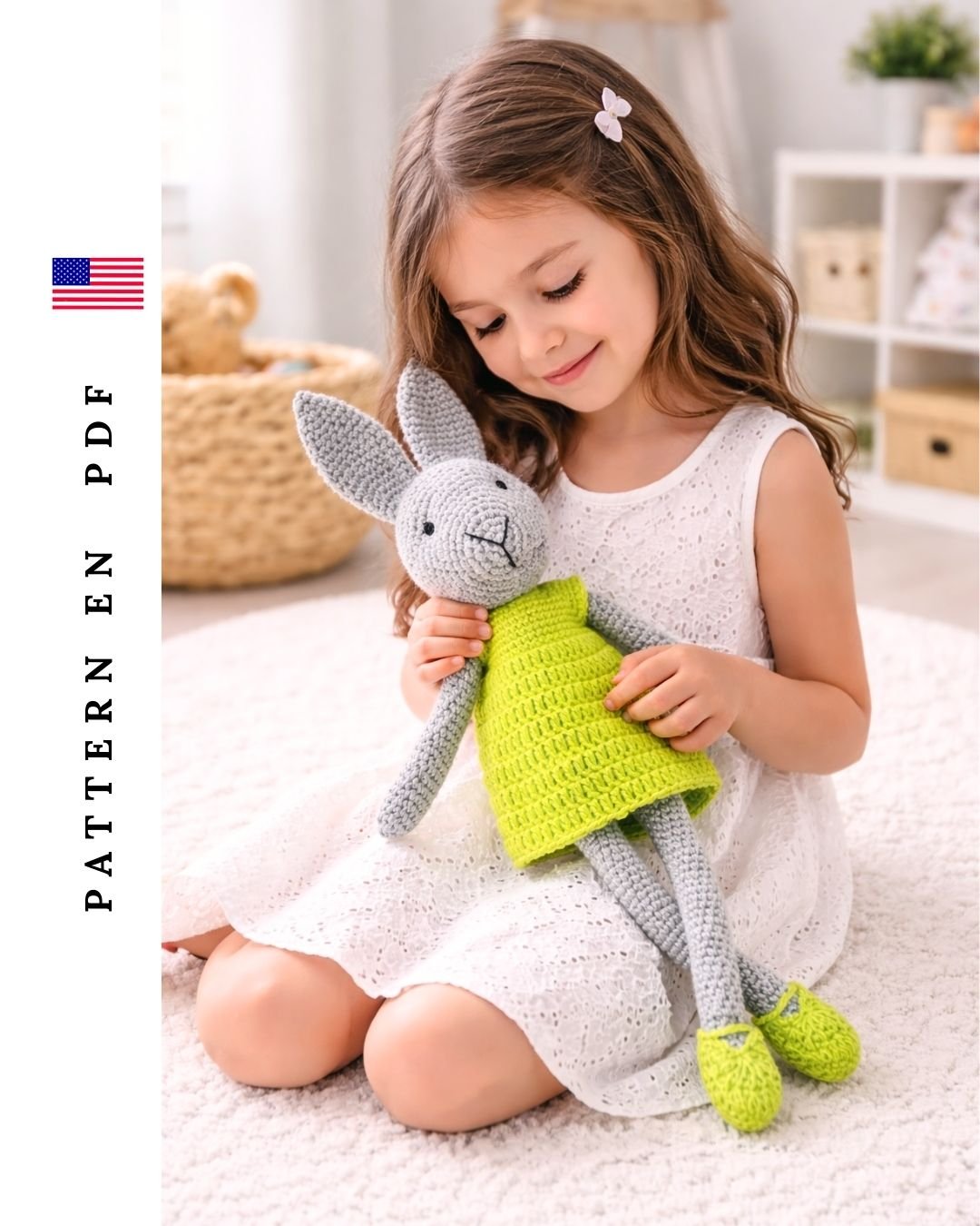 Sabina Bunny amigurumi crochet bunny toy held by a child, handmade soft plush bunny pattern