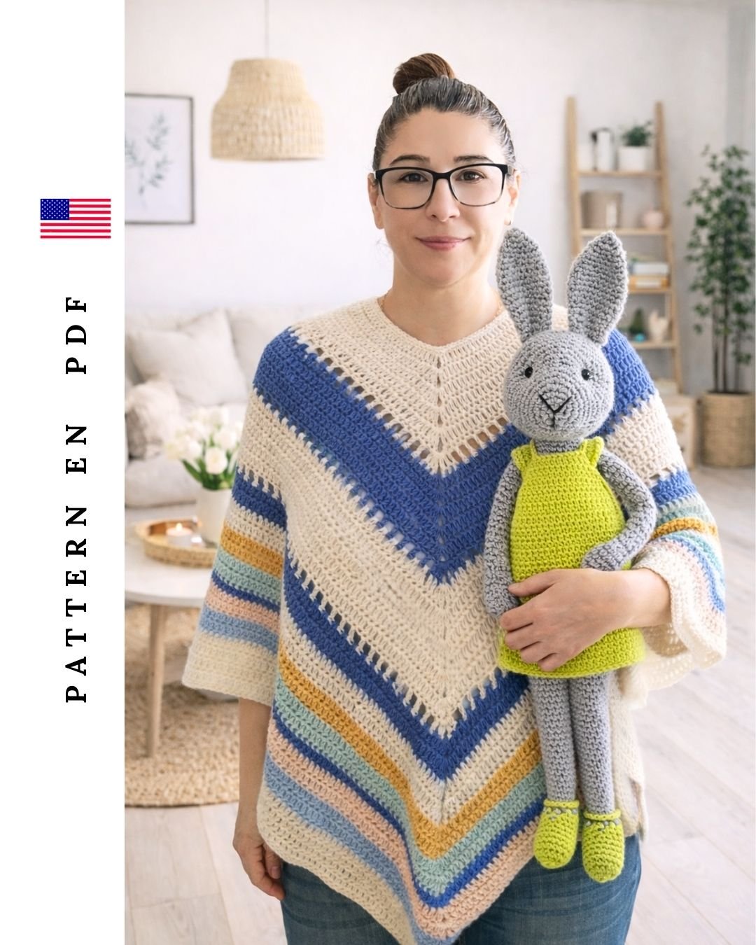 Sabina Bunny crochet pattern finished amigurumi bunny held by designer, handmade toy