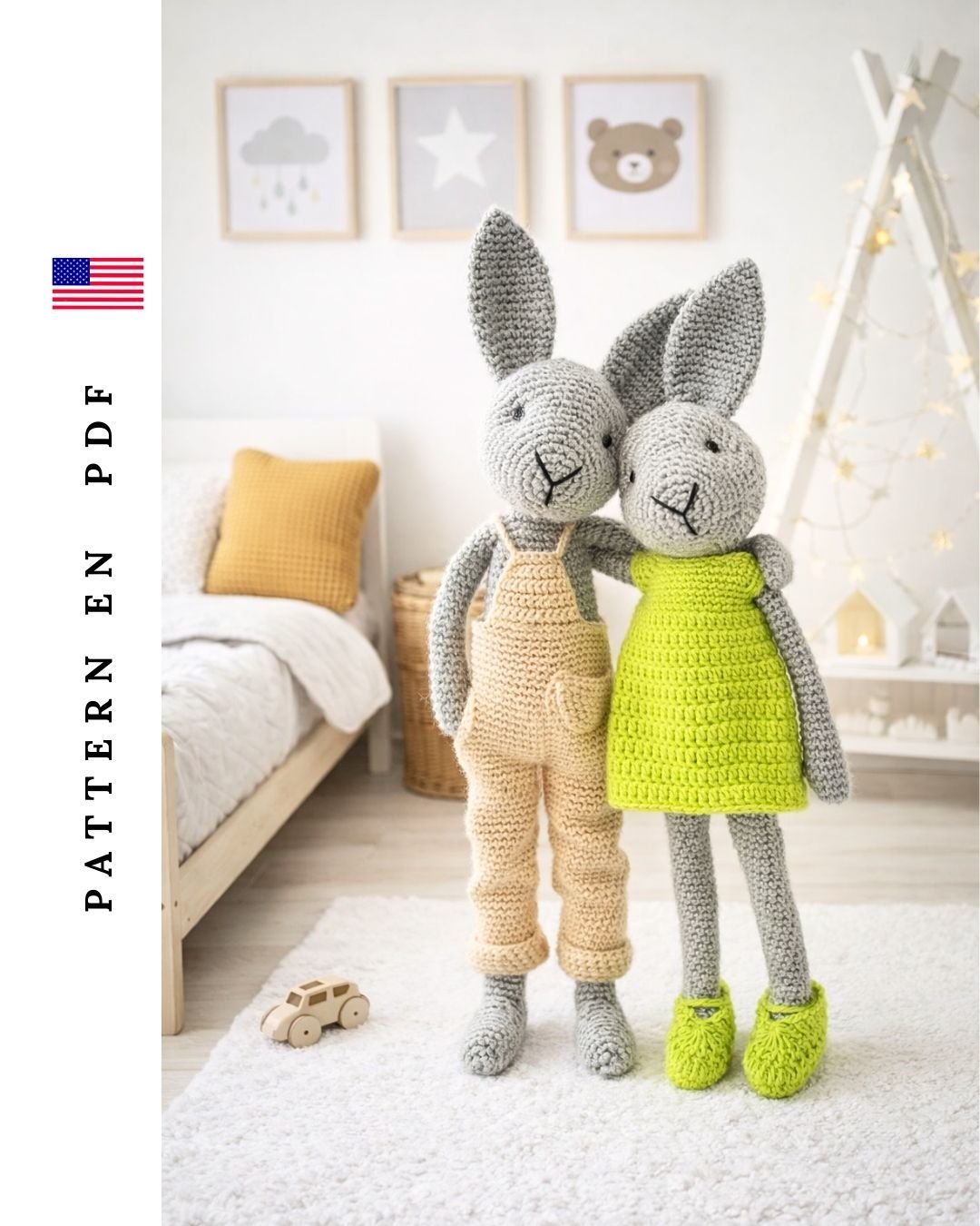 Sabina Bunny amigurumi crochet toy standing, finished bunny doll with dress and shoes