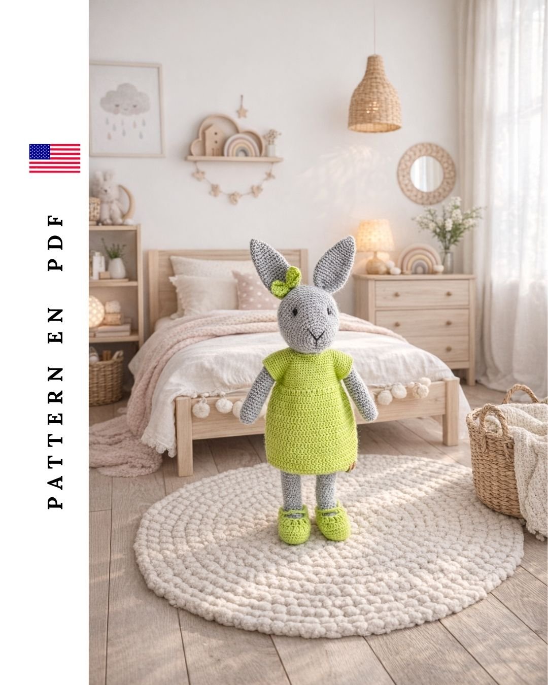 Handmade Sabina Bunny amigurumi crochet toy shown by designer, soft plush bunny pattern