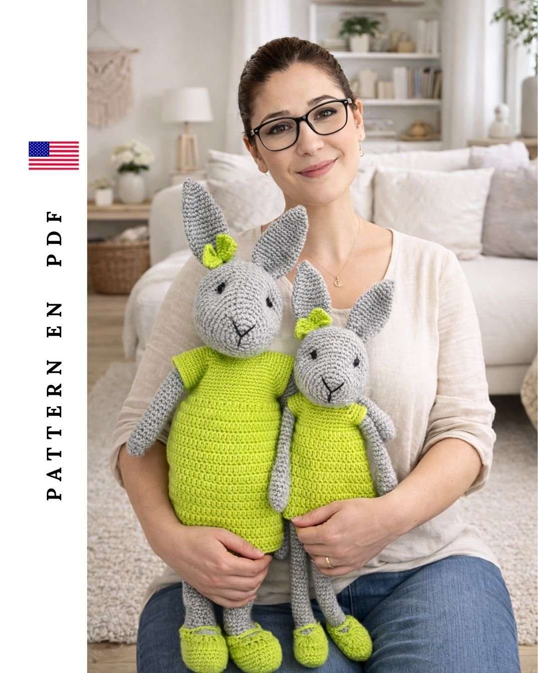 Shella Bunny crochet pattern finished amigurumi bunny held by designer, handmade toy