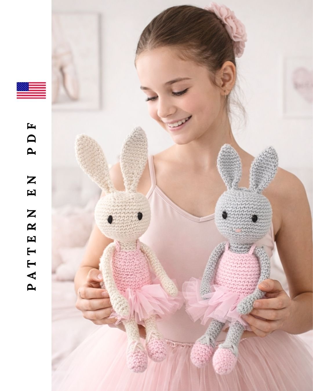 Ballerina Bunny crochet toy held by a child, handmade amigurumi bunny doll