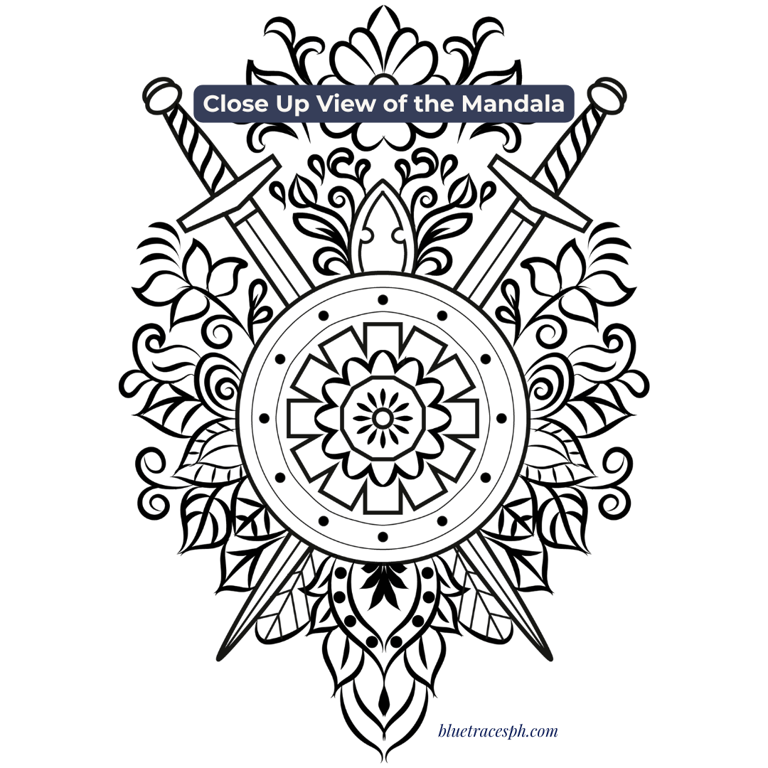 mandala illustration of a sword and shield