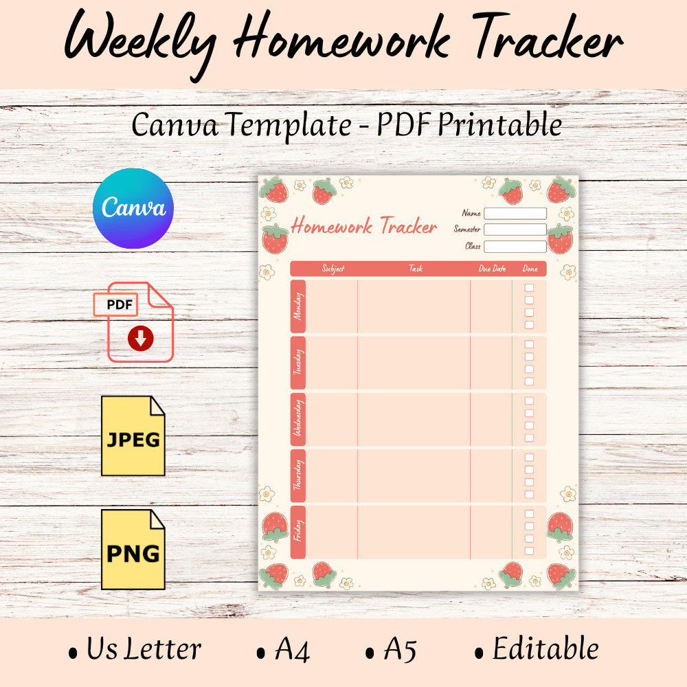 Strawberry Weekly Homework Tracker Printable – Editable Canva Homework ...