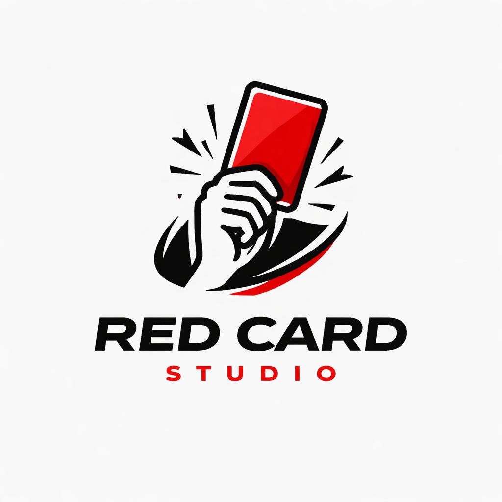Logo de Red Card Studio con una mano levantando una tarjeta roja, inspirado en el fútbol. Diseño moderno en colores rojo, negro y blanco, que representa autoridad, decisión y el mundo futbolístico.