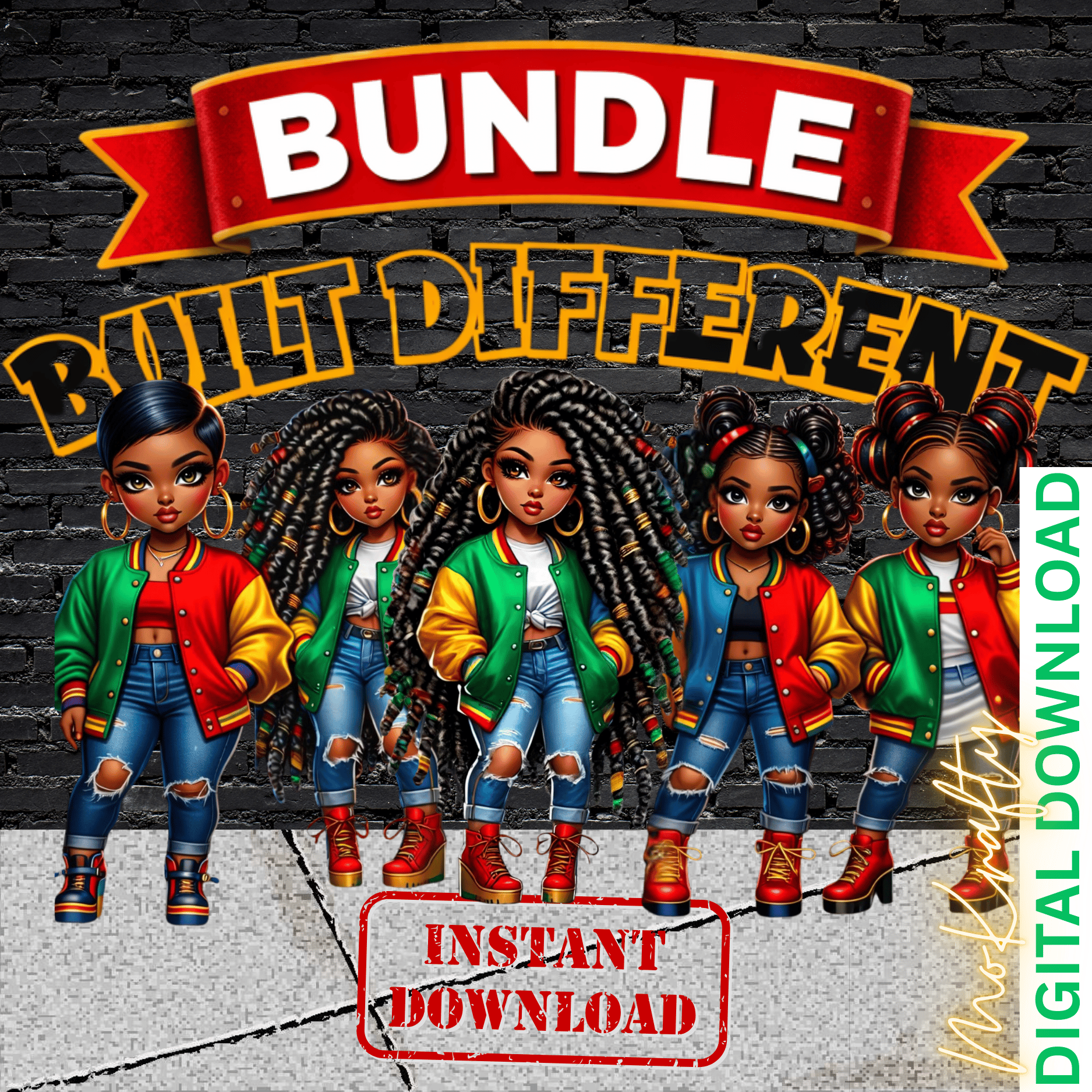 Built Different Baddie PNG Bundle (5 Afro Glam Girl Designs) - Payhip