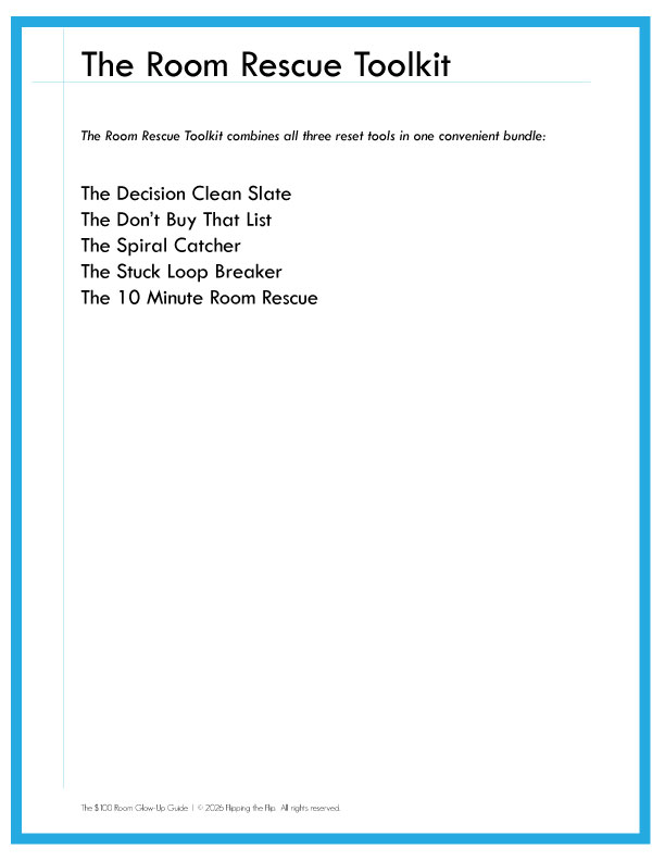 Cover preview image for The Room Rescue Toolkit bundle showing the toolkit title and a list of the five included one page printables.
