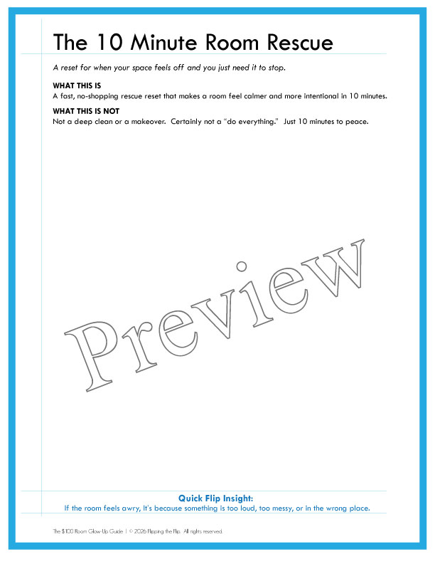 Preview image of The 10 Minute Room Rescue one page printable checklist with the word preview over the page.