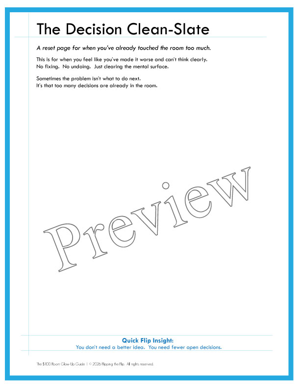 Preview image of Decision Clean Slate one page printable guide with the word preview over the page.