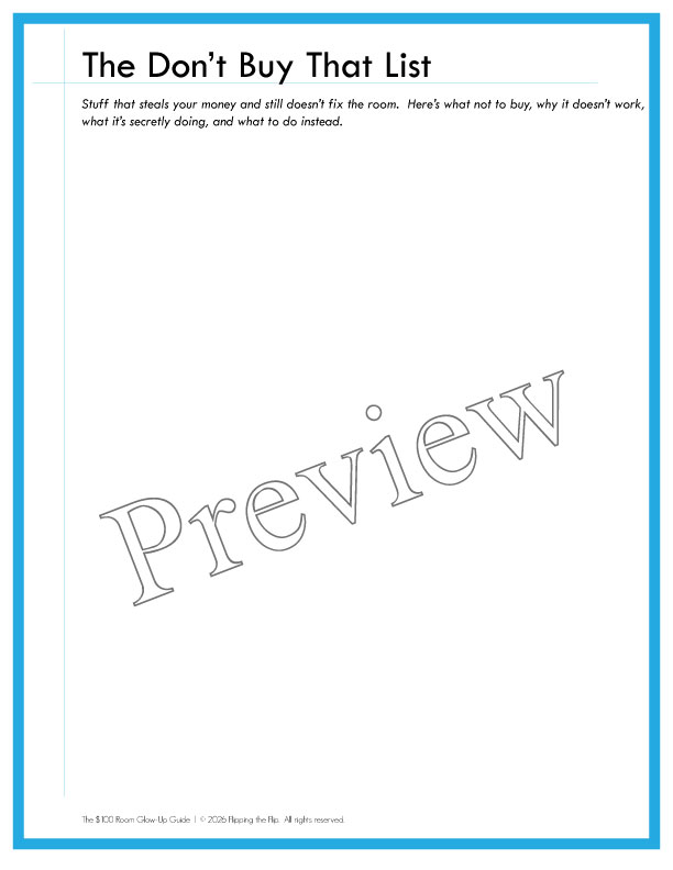 Preview image of The Don’t Buy That List one page printable guide with the word preview over the page.