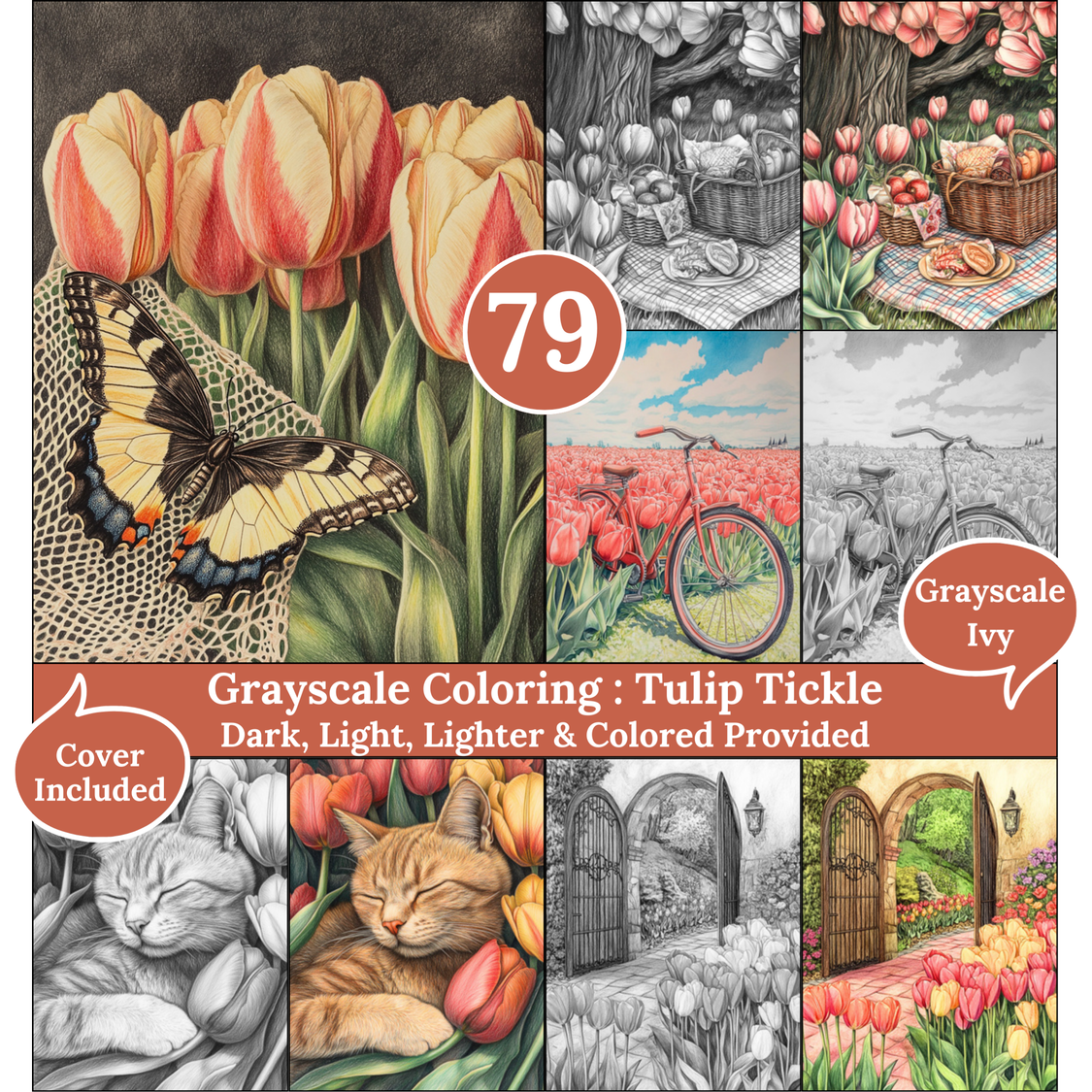 Tulip Tickle, 79 Coloring Pages, Grayscale Drawings, Dark Light Lighter and Colored Versions,  Digital Art Sheets, Tulip Garden Landscape
