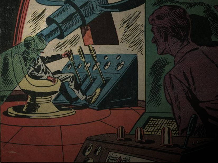 Atmospheric 1950s Golden Age comic book illustration of an astronomer at a telescope control console, adapted for The Green Star printable cosmic horror escape room game.