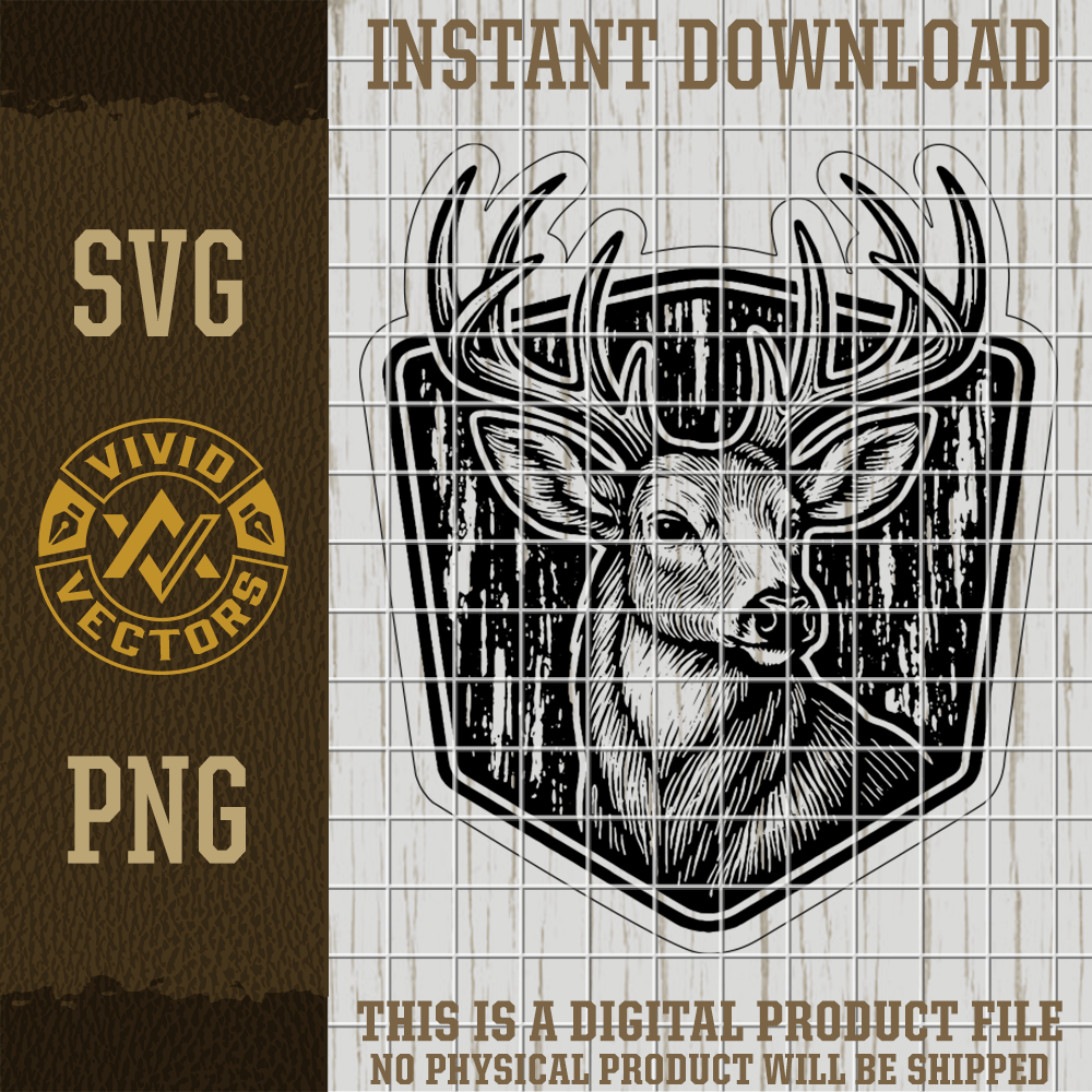 buck deer head camo badge hunting design with detailed antlers black and white vector artwork for laser engraving leather hat patch svg png