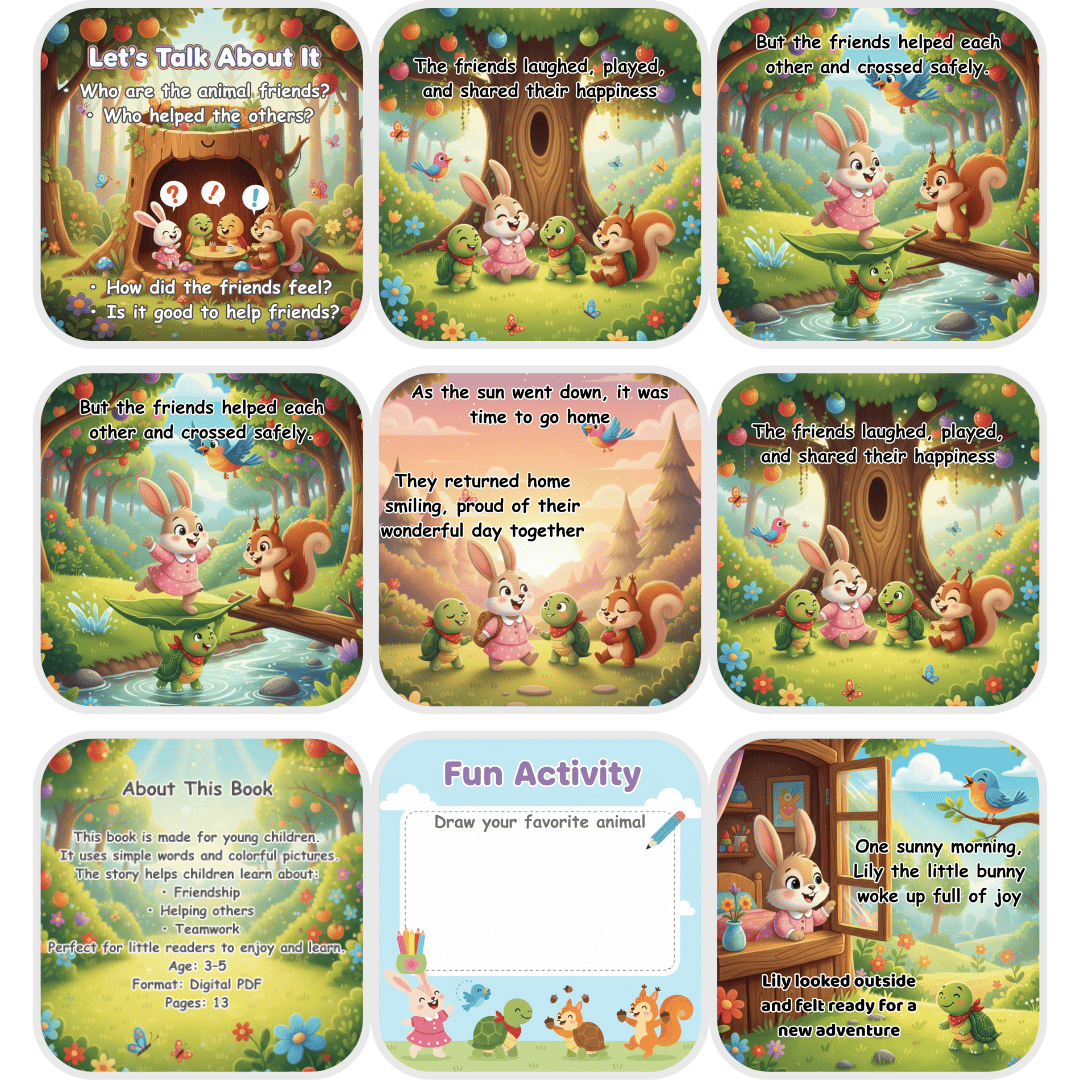 children’s book page, digital storybook, printable page, cartoon animals, bunny, turtle, squirrel, bird, forest, adventure, simple words, bright colors, preschool, ages 3-5, kids learning, story illustration, fun reading