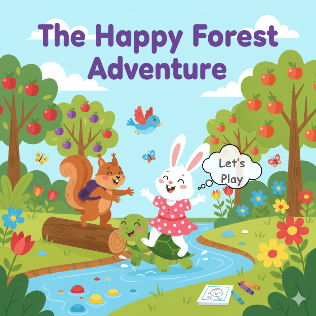 children’s book page, digital storybook, printable page, cartoon animals, bunny, turtle, squirrel, bird, forest, adventure, simple words, bright colors, preschool, ages 3-5, kids learning, story illustration, fun reading