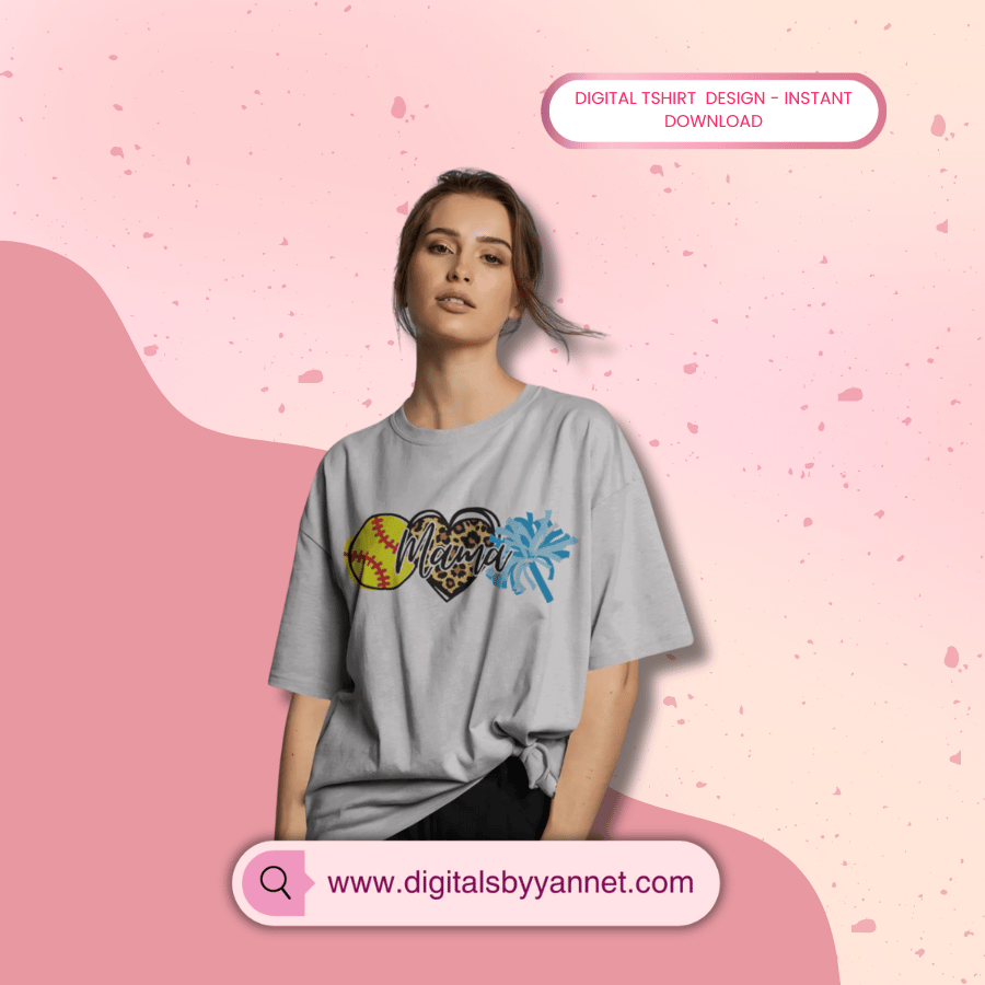 Sports mom Mama shirt graphic featuring softball and cheer elements