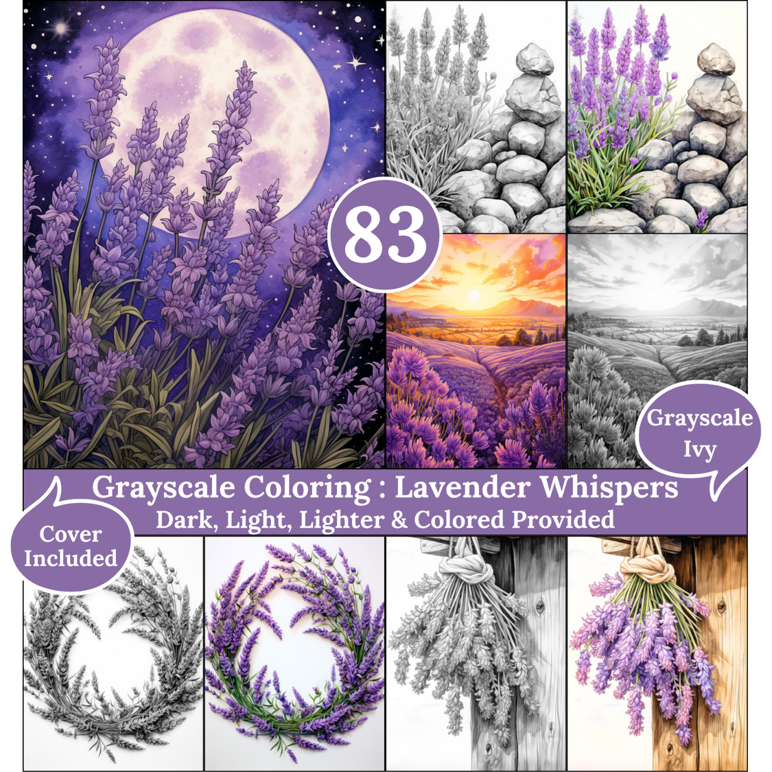 Lavender Whispers, 83 Coloring Pages, Grayscale Drawings, Dark Light Lighter and Colored Versions,  Digital Art Sheets, Landscape and Garden