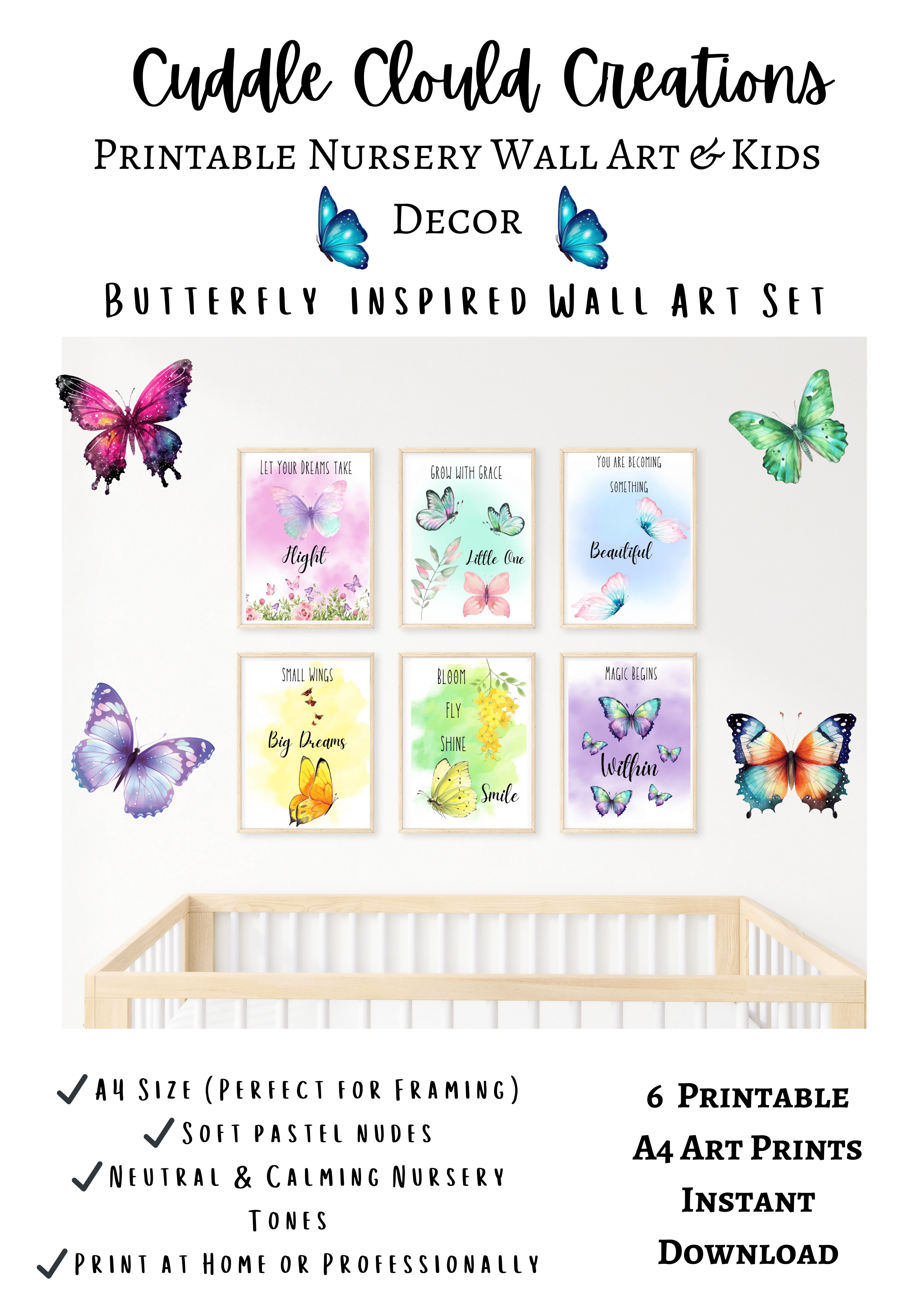 Butterfly Nursery Wall Art Printable Set | Pastel Butterfly Decor for ...