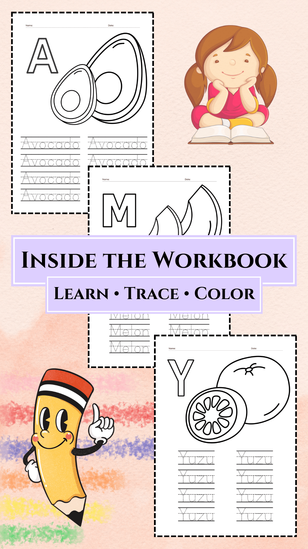 Inside preview of kids alphabet workbook showing fruit coloring pages, word tracing practice, and A to Z learning activities for preschool and homeschool education