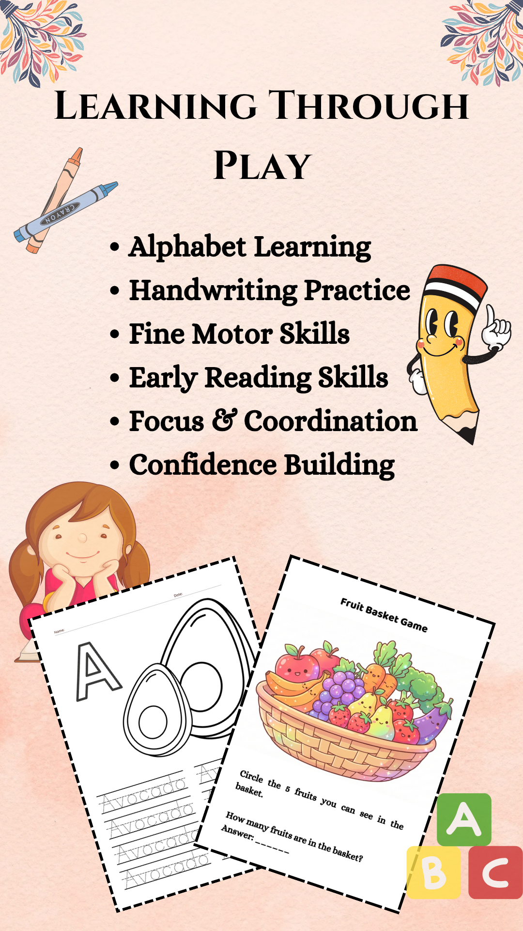 Learning through play image showing benefits of kids alphabet workbook including handwriting practice, fine motor skills, early reading, focus, coordination, and confidence building