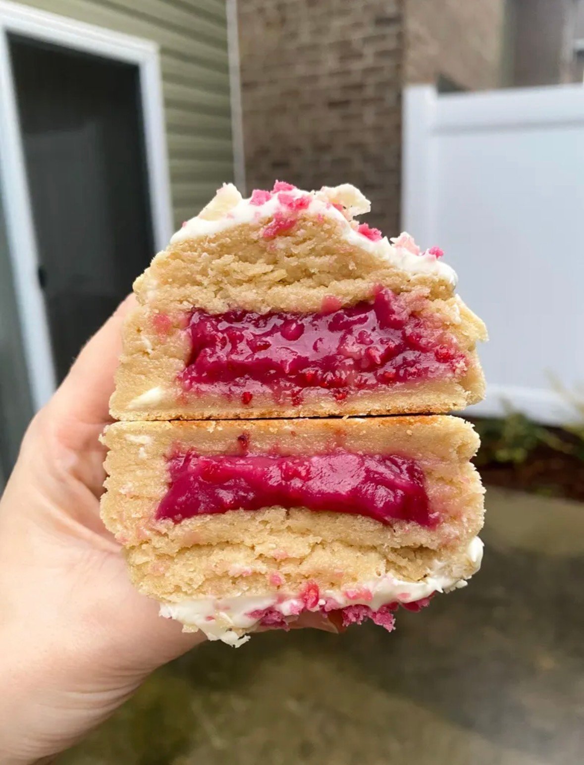 White chocolate raspberry stuffed cookie with gooey center, bakery-style Valentine’s Day dessert made from a digital recipe