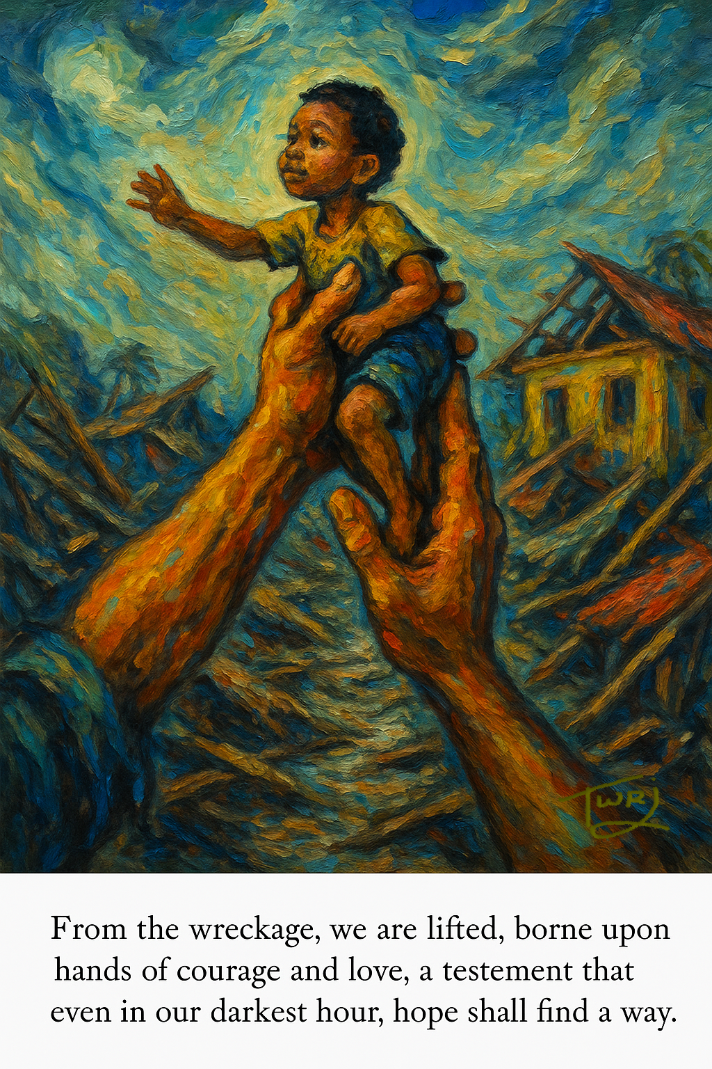 Printable artwork showing hope emerging from hurricane devastation