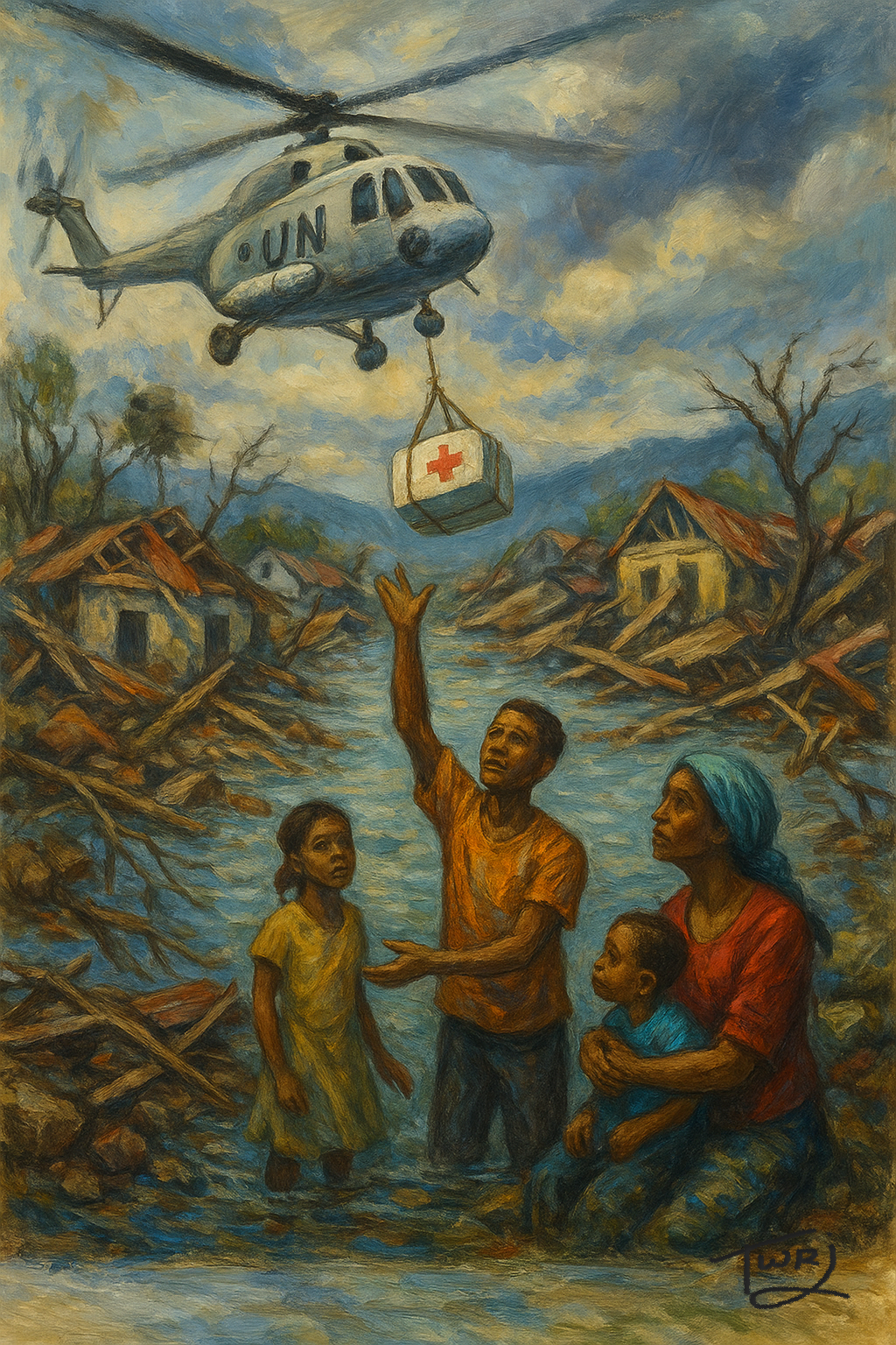 Printable artwork depicting aid and support during disaster recovery