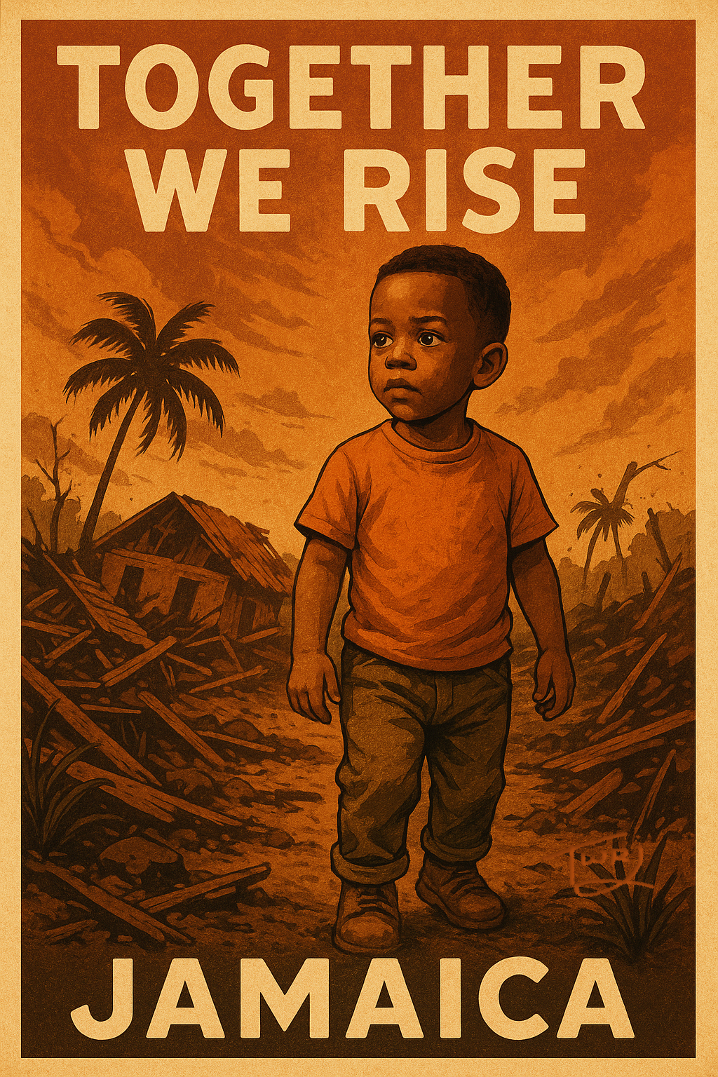 Canvas artwork of a child standing alone after a storm