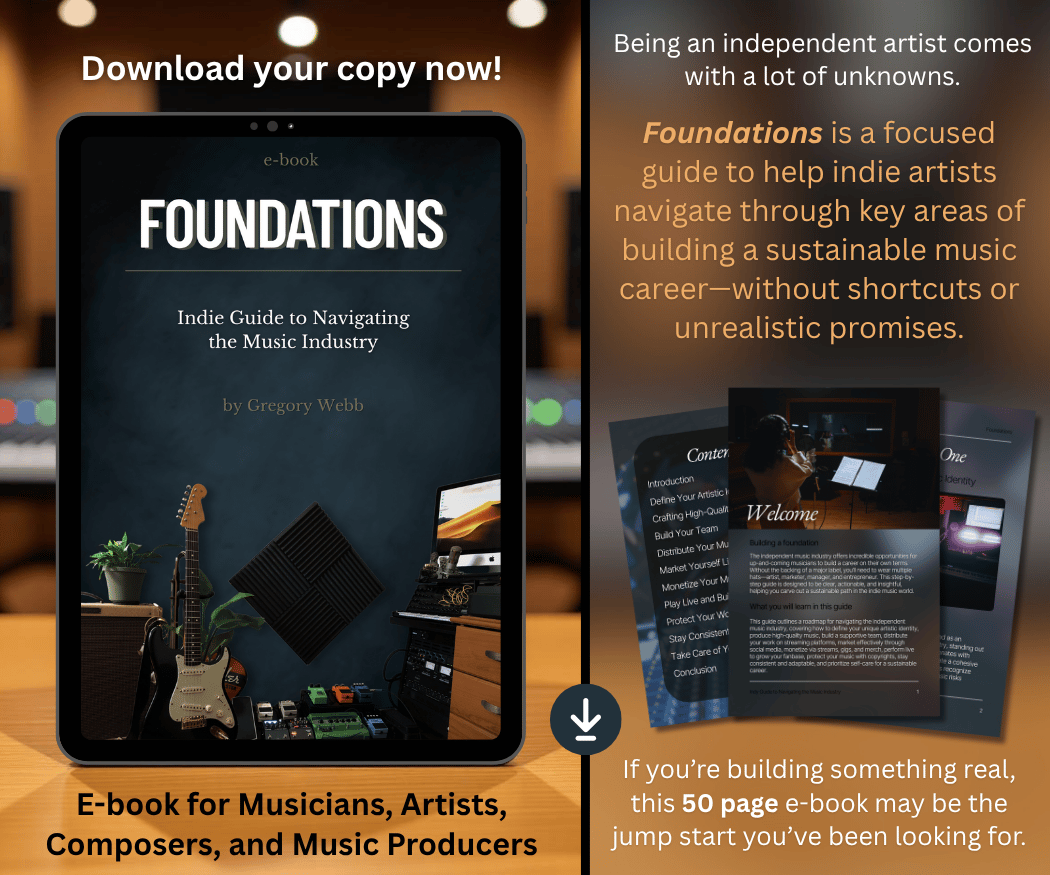 Foundations is a practical guide for independent musicians covering music creation, branding, marketing, distribution, rights protection, income strategy, and creative wellness. Built to help artists navigate the modern music industry with clarity and confidence.