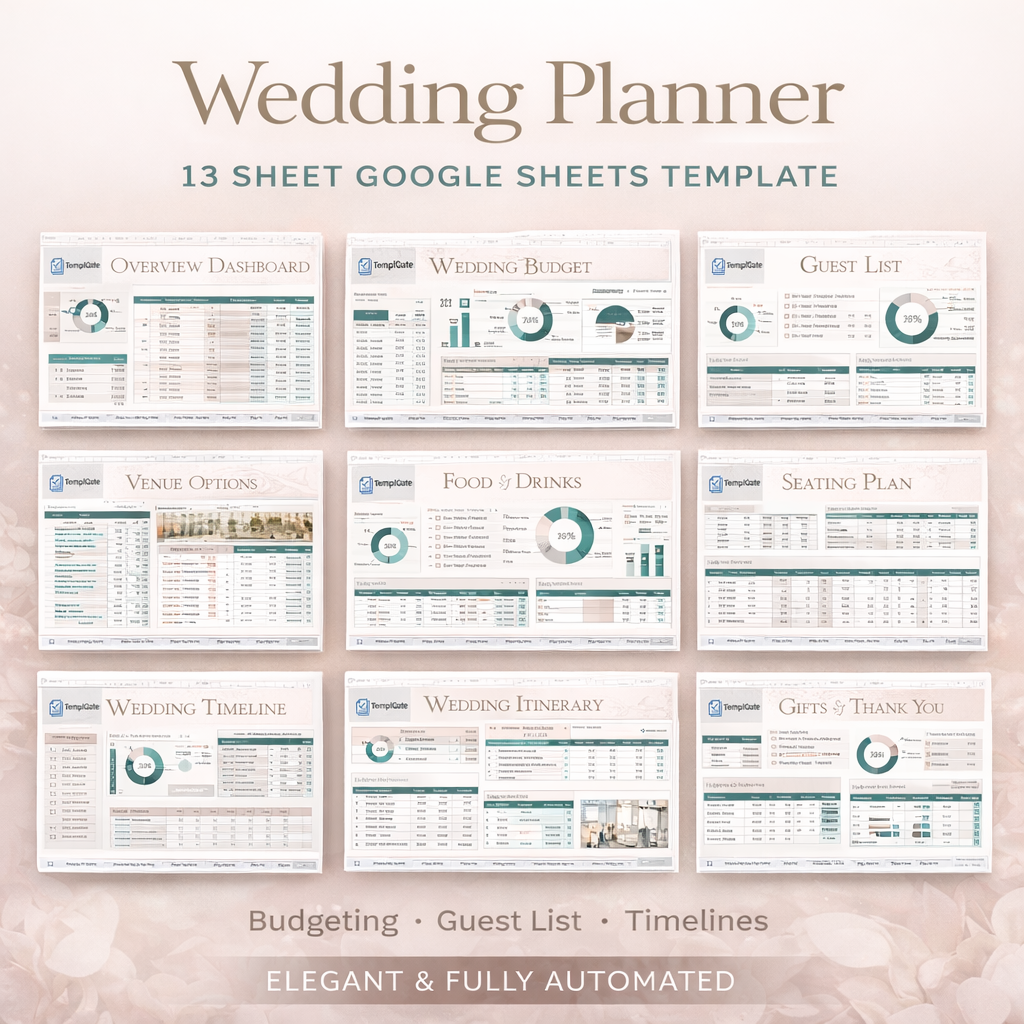 All-in-one wedding planner Google Sheets template with budget, guest list, timeline, seating plan, and vendor management dashboards
