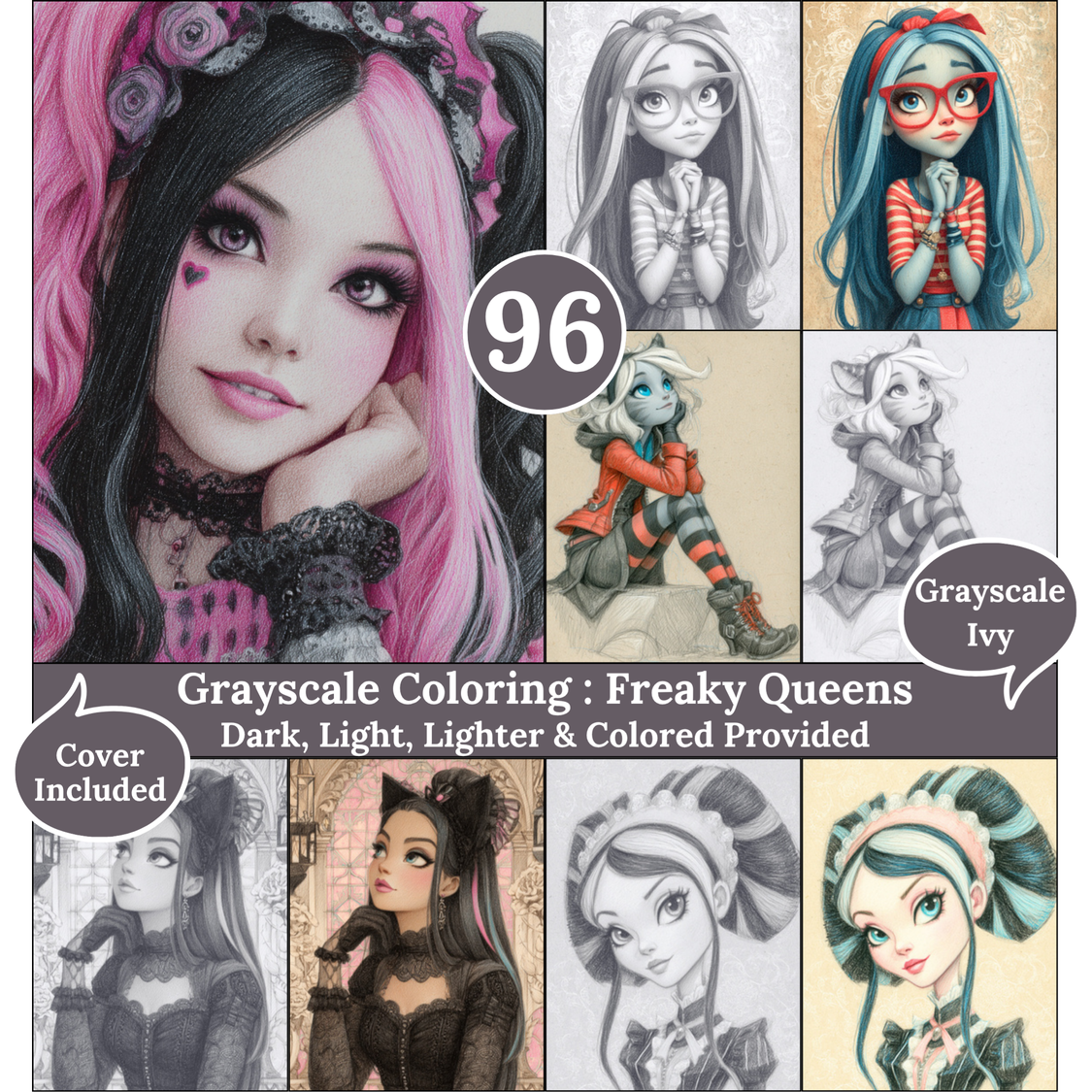 Custom Order Freaky Queens, Coloring Pages, Grayscale Drawings, Dark Light Lighter and Colored Versions,  Digital Art, H Monster Girls